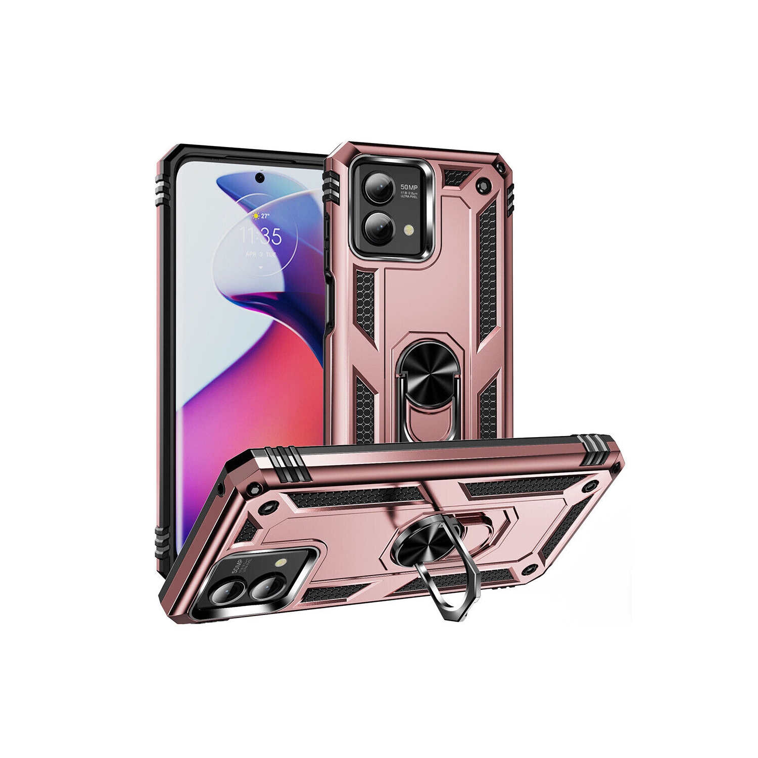 [CSmart] Étui rigide magnétique hybride avec support à anneau pour Moto G Play 2024 de Motorola, rose doré