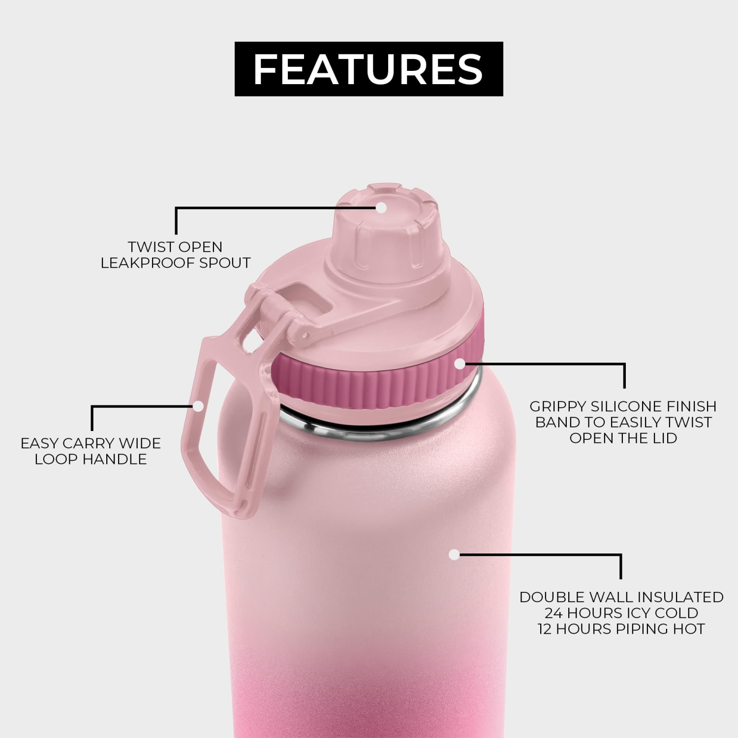 Bouteille d'eau en acier inoxydable BOZ - bouteille d'eau isotherme Vaccum 32 oz - bouteille d'eau rose dégradé
