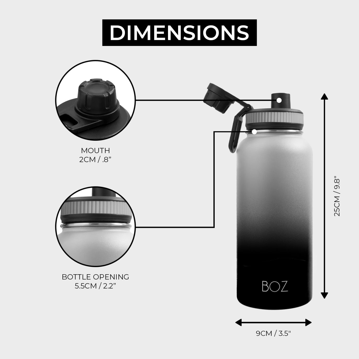 Bouteille d'eau en acier inoxydable BOZ - bouteille d'eau isotherme Vaccum 32 oz - bouteille d'eau noir dégradé