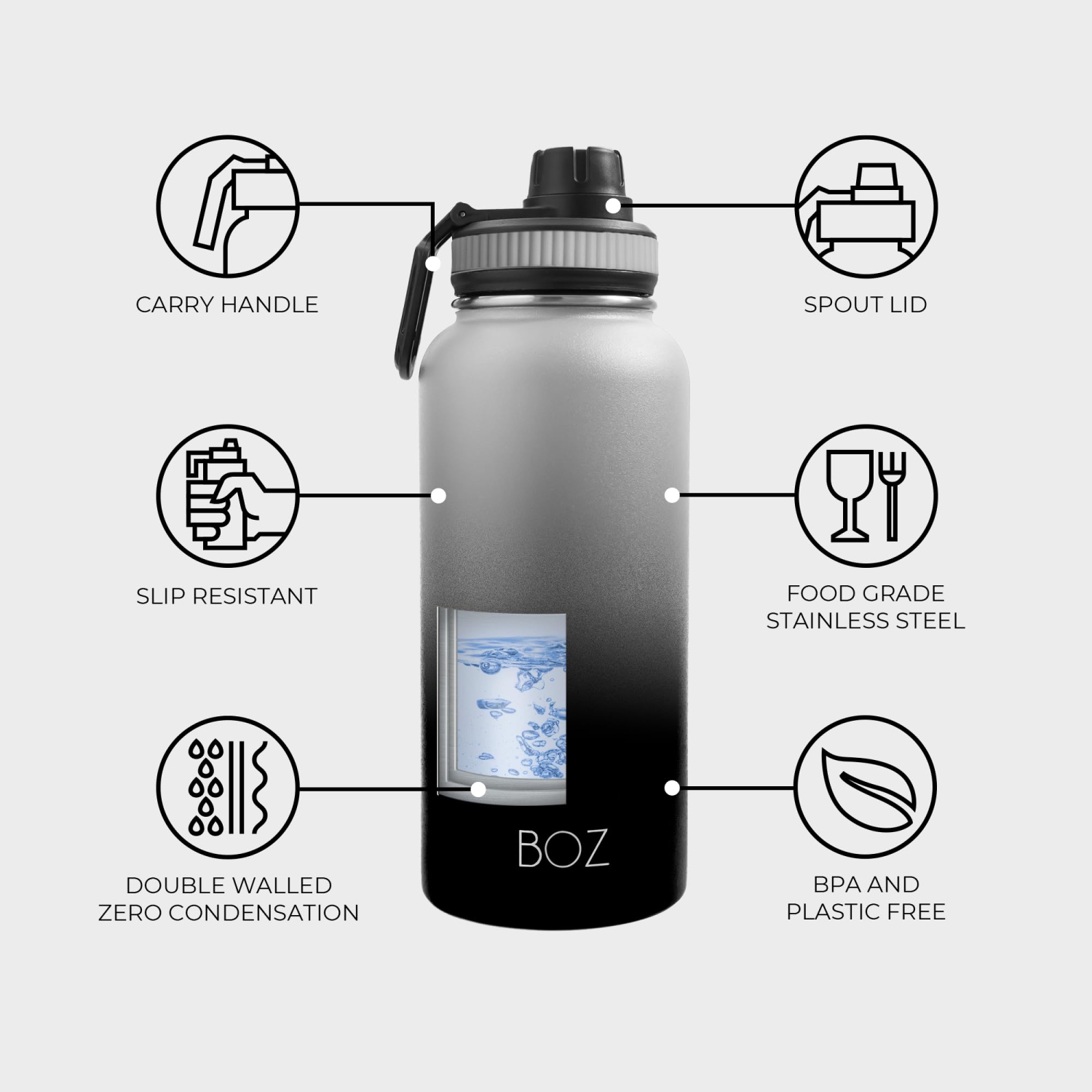 Bouteille d'eau en acier inoxydable BOZ - bouteille d'eau isotherme Vaccum 32 oz - bouteille d'eau noir dégradé