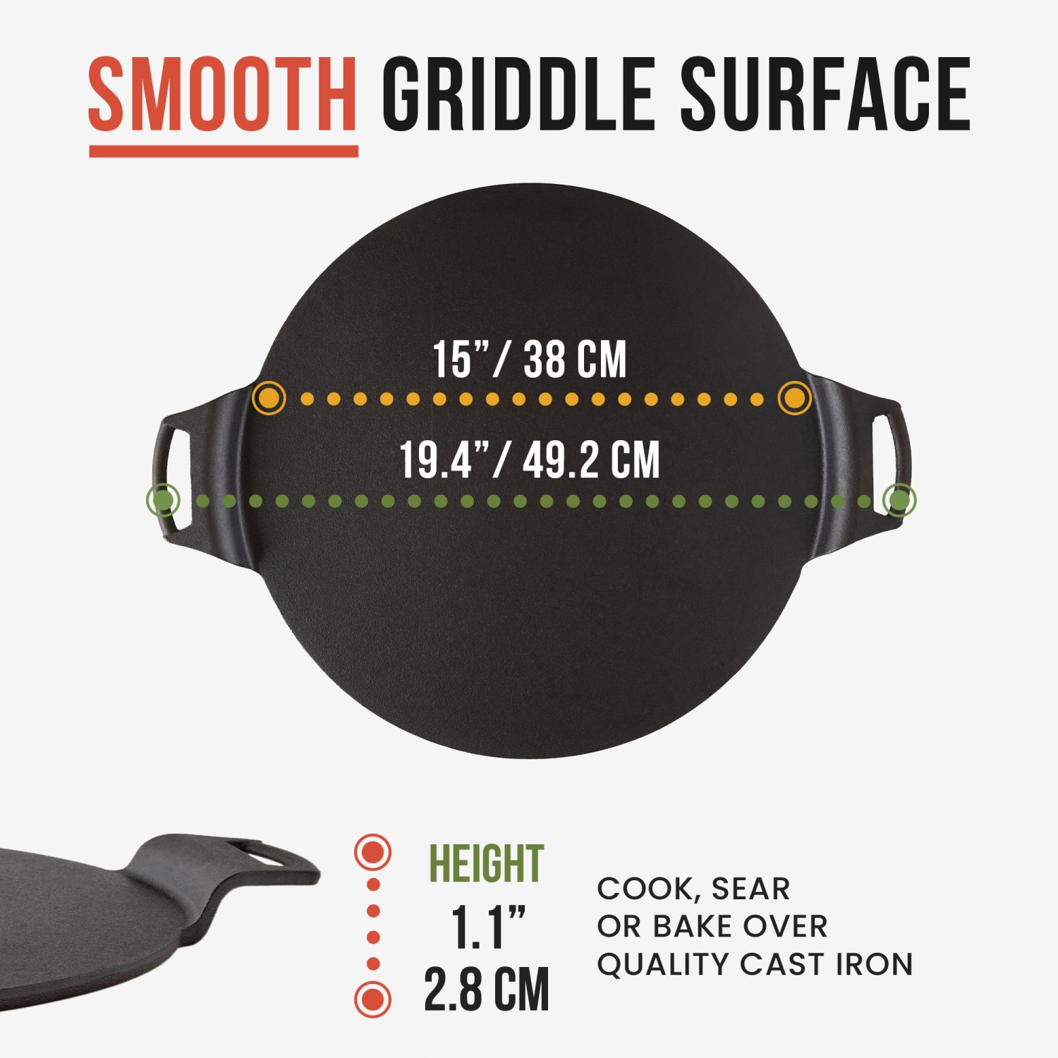 Plaque à pizza en fonte chef Pomodoro, poêle préassaisonnée de 15 po, avec poignées, plaque de cuisson