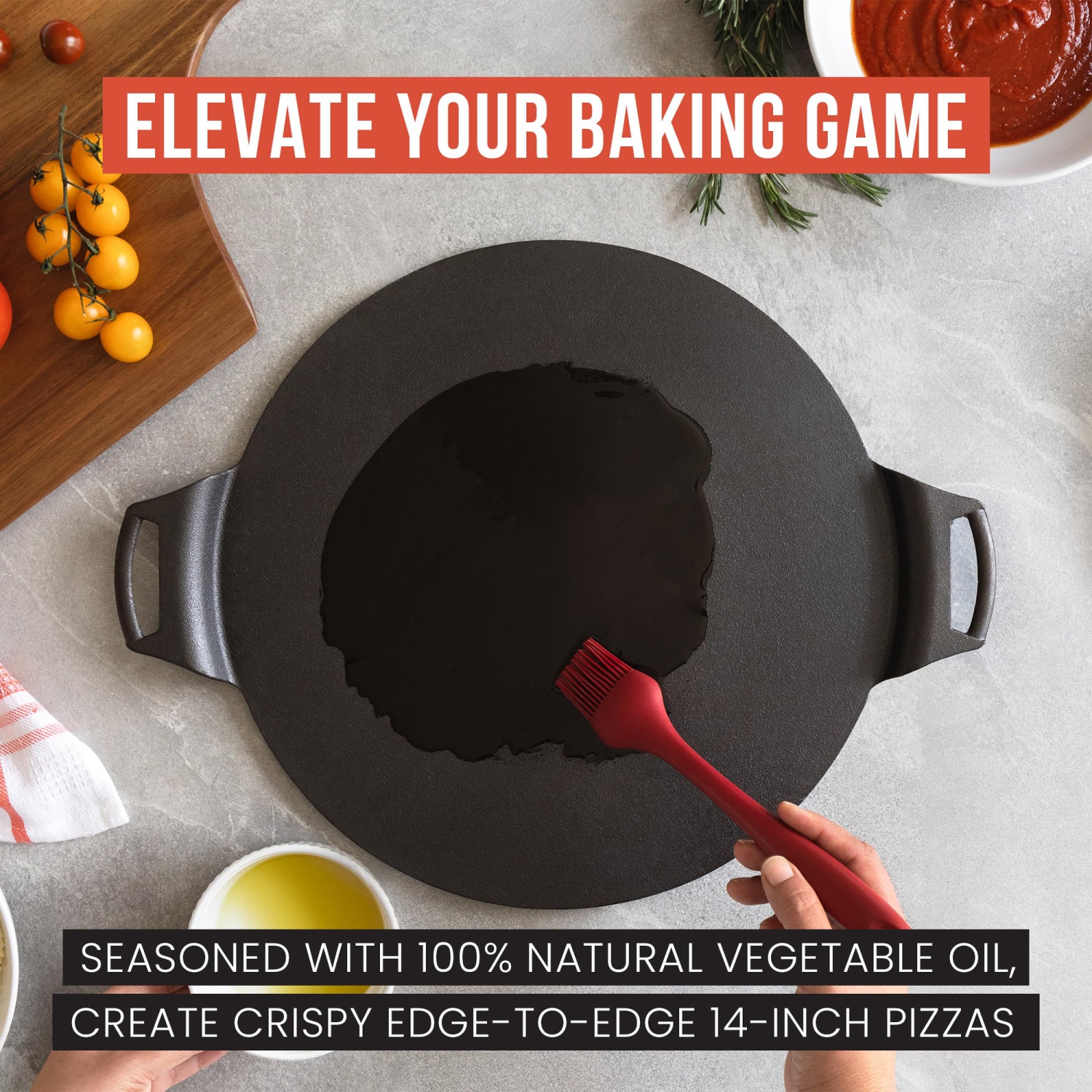 Plaque à pizza en fonte chef Pomodoro, poêle préassaisonnée de 15 po, avec poignées, plaque de cuisson