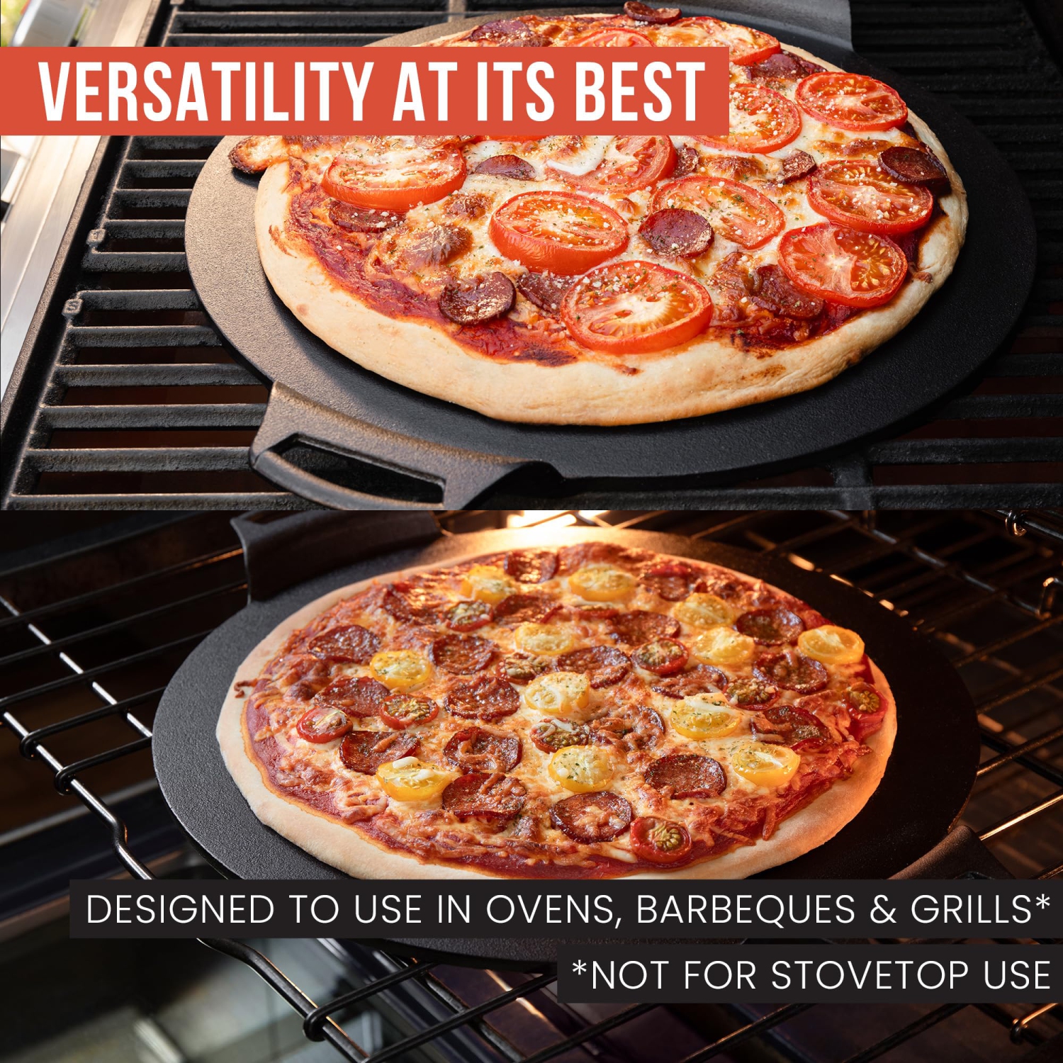 Plaque à pizza en fonte chef Pomodoro, poêle préassaisonnée de 15 po, avec poignées, plaque de cuisson