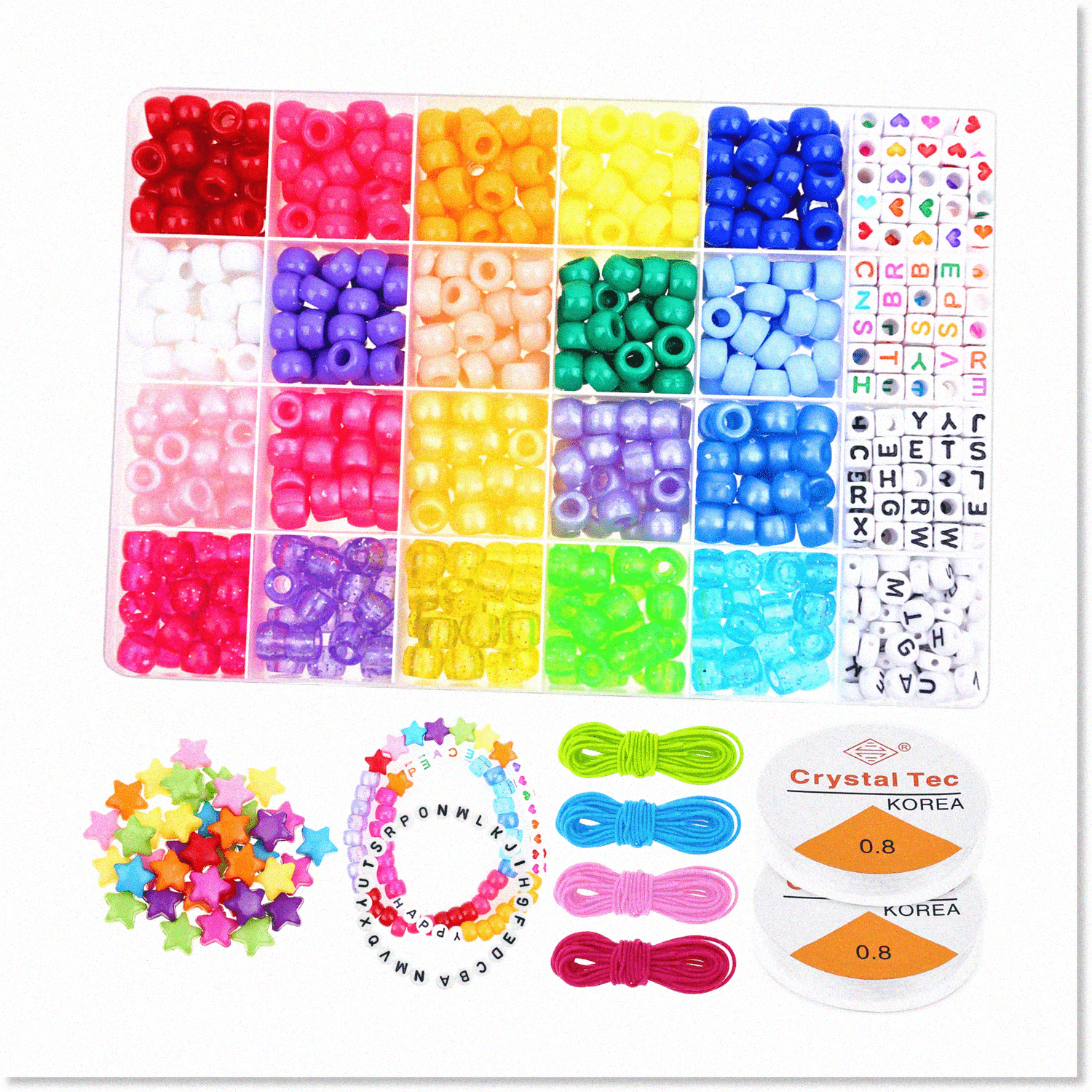 1000 Pcs Gl Pony Seed Beads Kit - Create Beautiful Bracelets with 20 Colors, Acrylic Round Cube Letter Beads, Heart Beads, Star Beads
