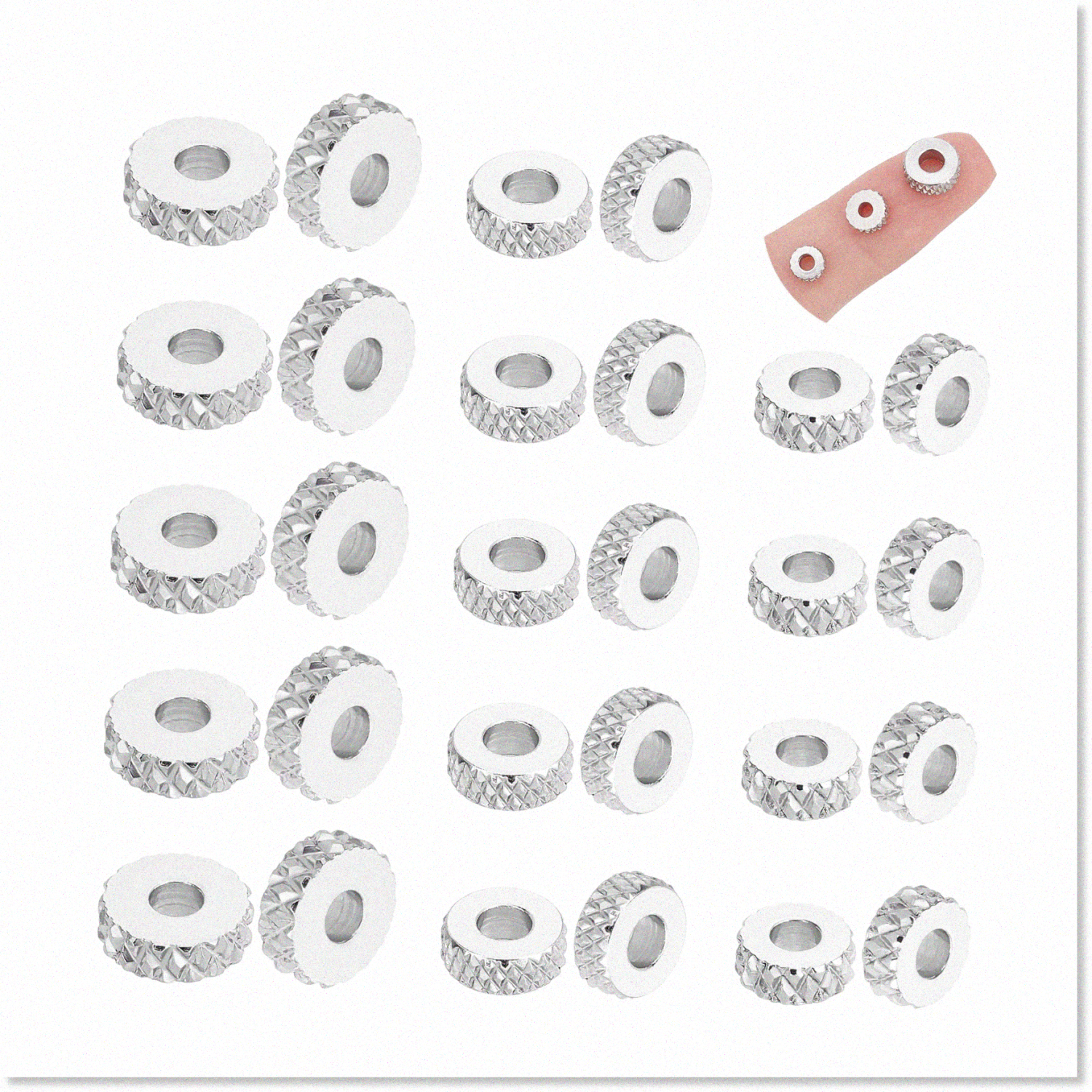 60Pcs Premium Stainless Steel Spacer Beads Set - 3 Styles 5/6/8mm Flat Round Beads with Diamond Texture - Durable Metal Findings with 2mm Hole - Ideal for Jewelry Making, Bracelets