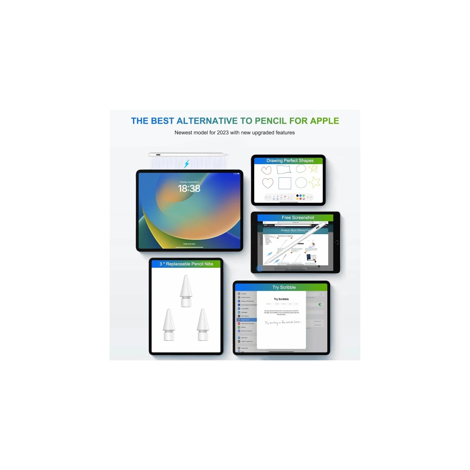 iPad Pencil 2nd Generation Magnetic Wireless Charging, Same as Apple Pencil 2nd Gen with Tilt & Palm Rejection, iPad Pen Compatible with iPad Air