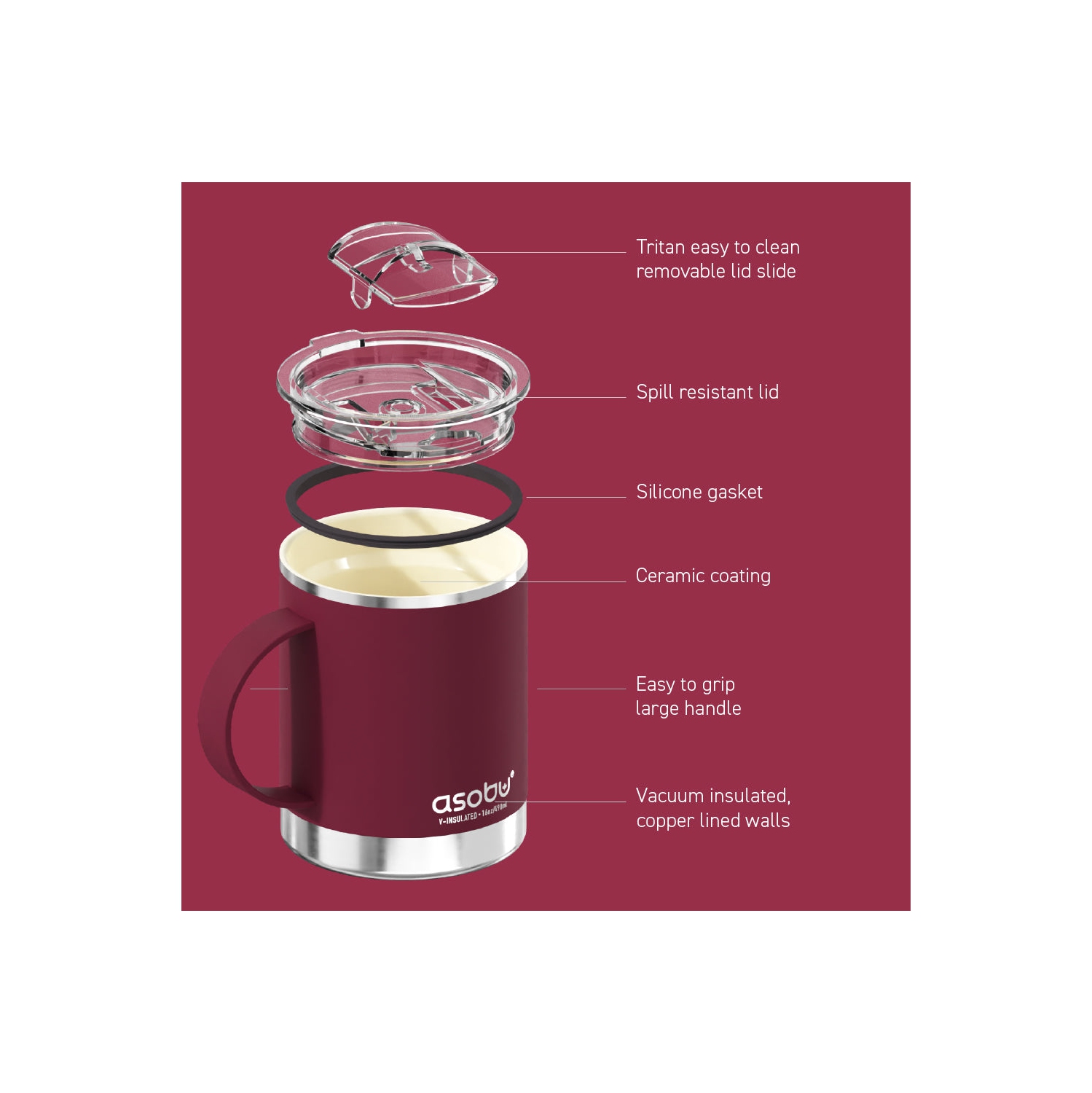 Asobu Ultimate Insulated Coffee Mug with Inner Ceramic Coating