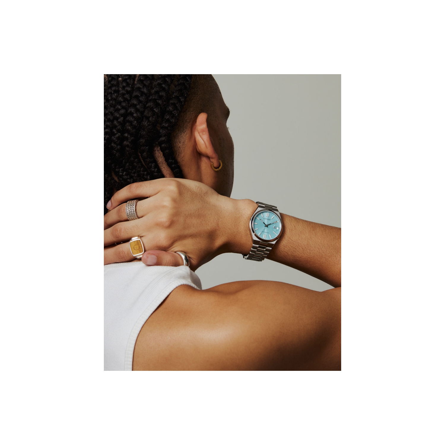 Montre automatique pour hommes « TSUYOSA » 40&nbsp;mm avec boîtier et bracelet en acier inoxydable argenté et cadran aqua de Citizen