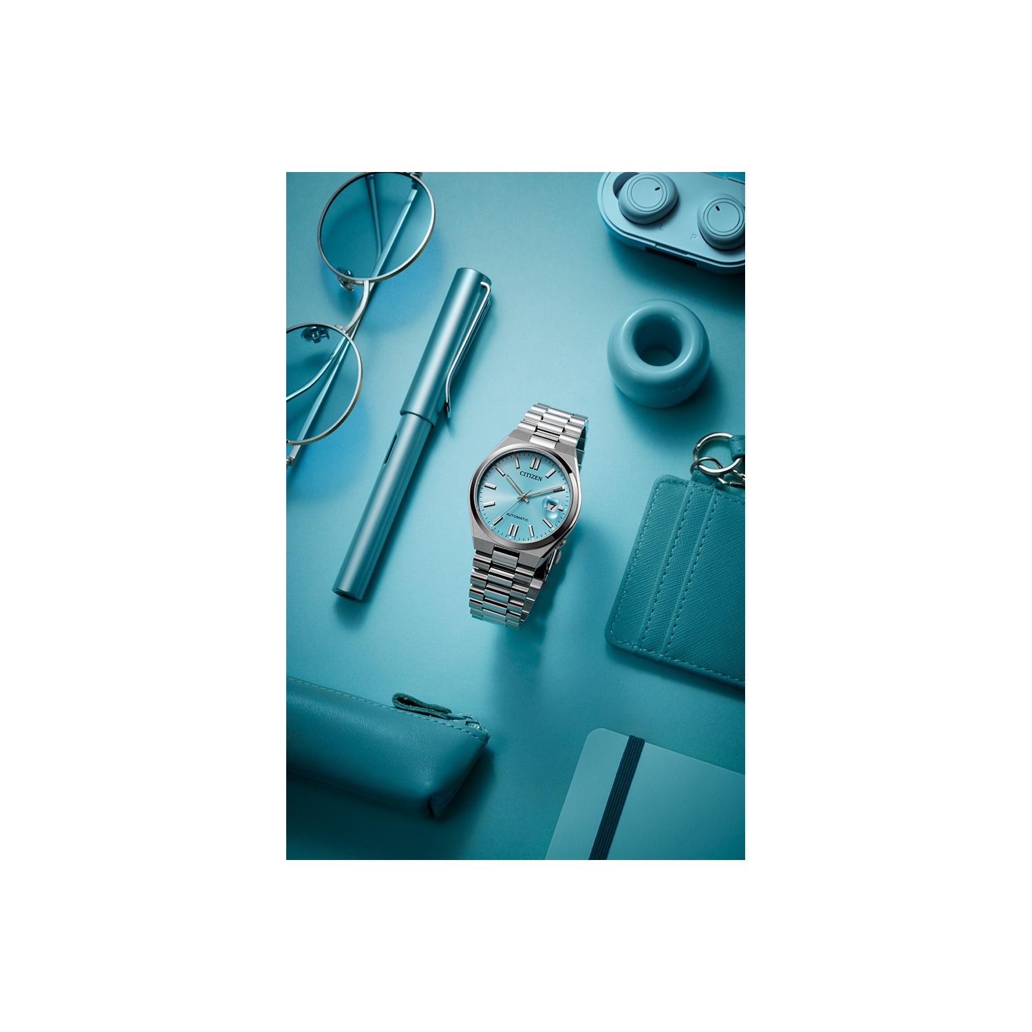 Montre automatique pour hommes « TSUYOSA » 40&nbsp;mm avec boîtier et bracelet en acier inoxydable argenté et cadran aqua de Citizen