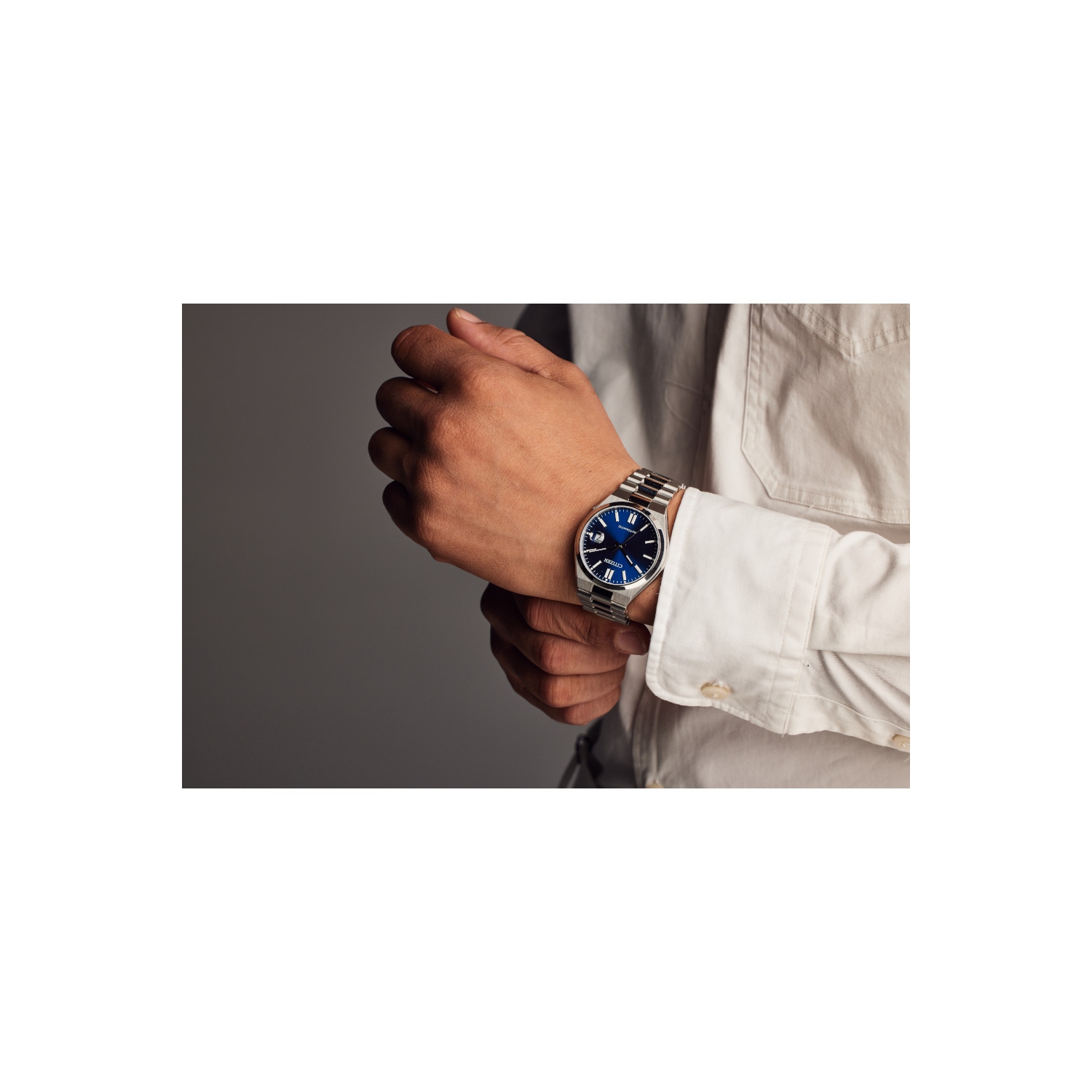 Montre automatique pour hommes « TSUYOSA » 40&nbsp;mm avec boîtier et bracelet en acier inoxydable argenté et cadran bleu de Citizen