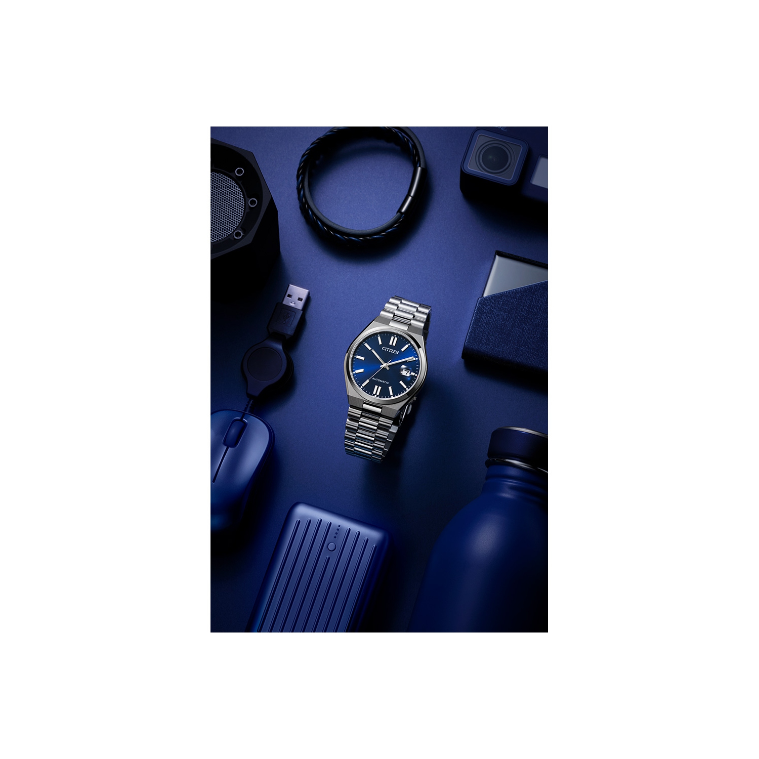 Montre automatique pour hommes « TSUYOSA » 40&nbsp;mm avec boîtier et bracelet en acier inoxydable argenté et cadran bleu de Citizen