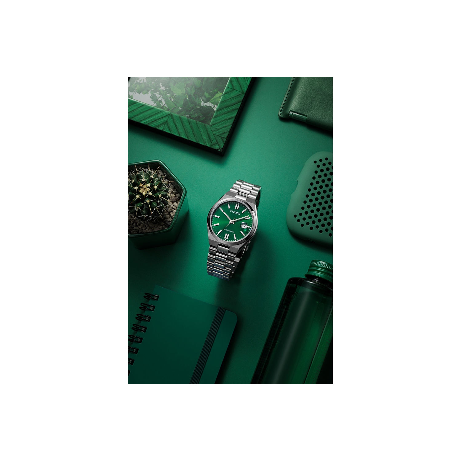 Montre automatique pour hommes « TSUYOSA » 40&nbsp;mm avec boîtier et bracelet en acier inoxydable argenté et cadran vert de Citizen