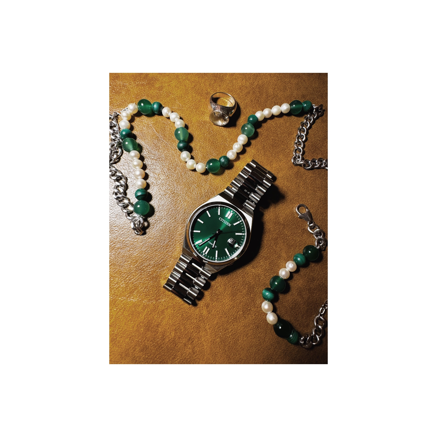 Montre automatique pour hommes « TSUYOSA » 40&nbsp;mm avec boîtier et bracelet en acier inoxydable argenté et cadran vert de Citizen