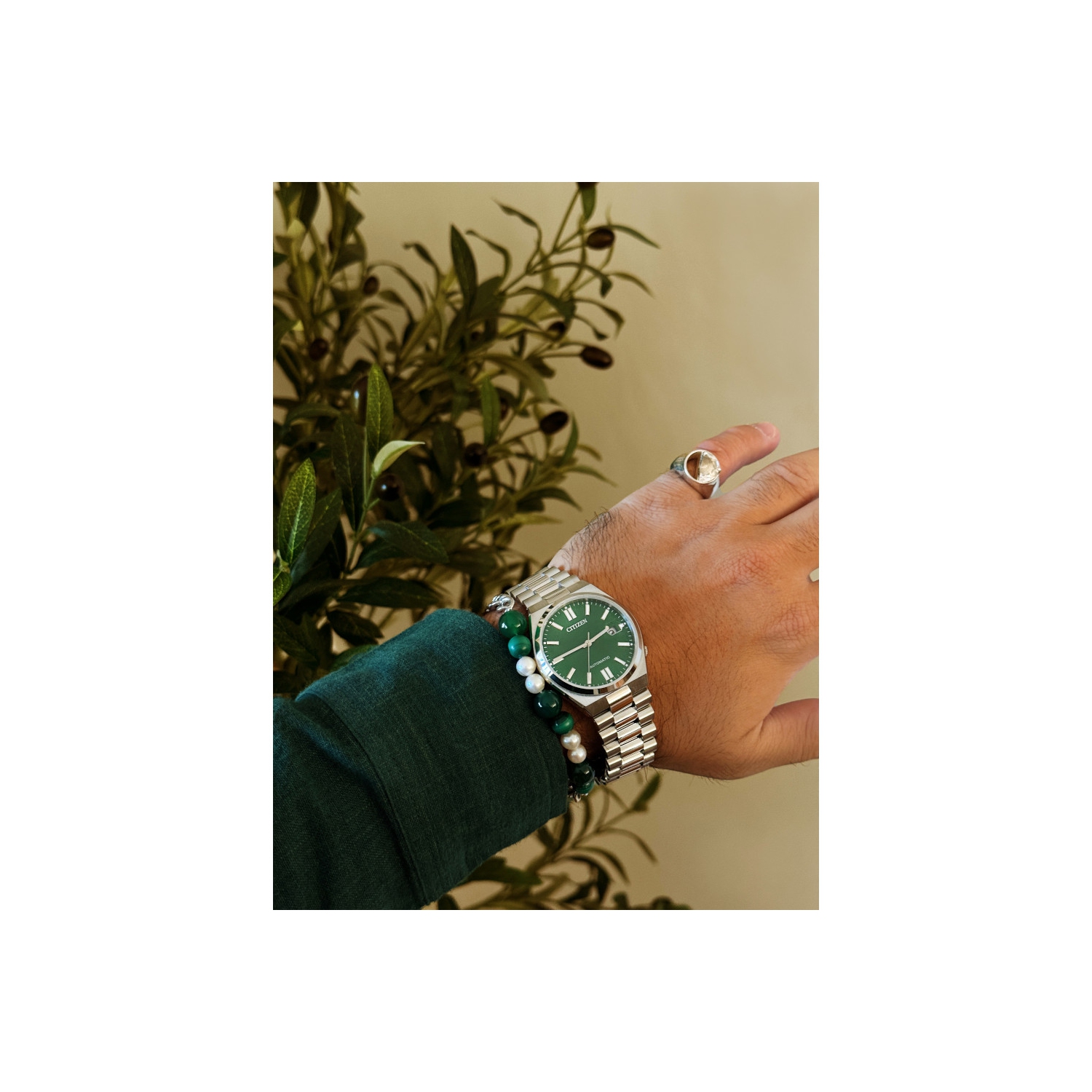 Montre automatique pour hommes « TSUYOSA » 40&nbsp;mm avec boîtier et bracelet en acier inoxydable argenté et cadran vert de Citizen