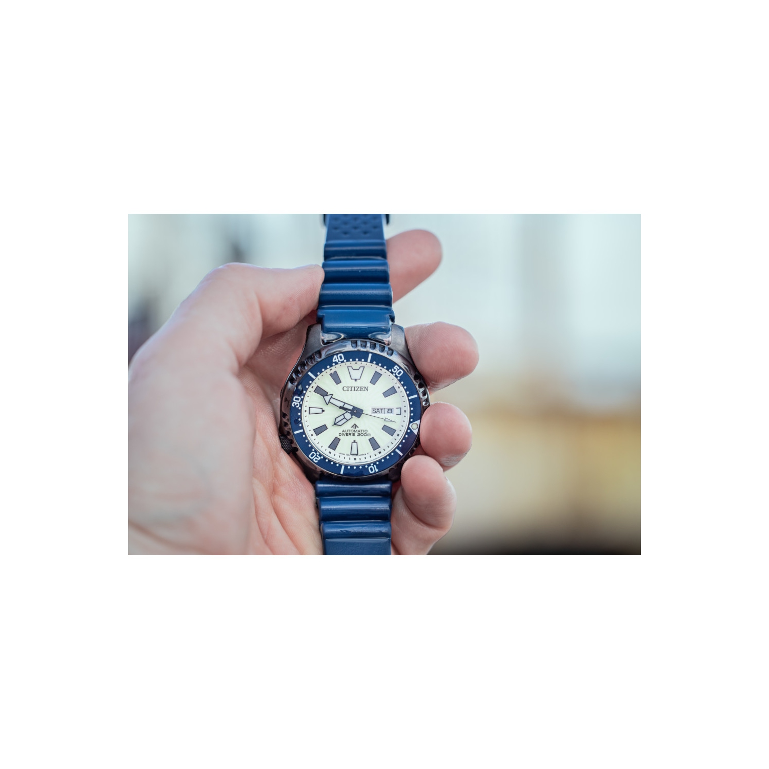 Montre automatique Promaster Dive pour hommes de Citizen 44&nbsp;mm boîtier inox noir bracelet polyuréthane bleu avec cadran blanc