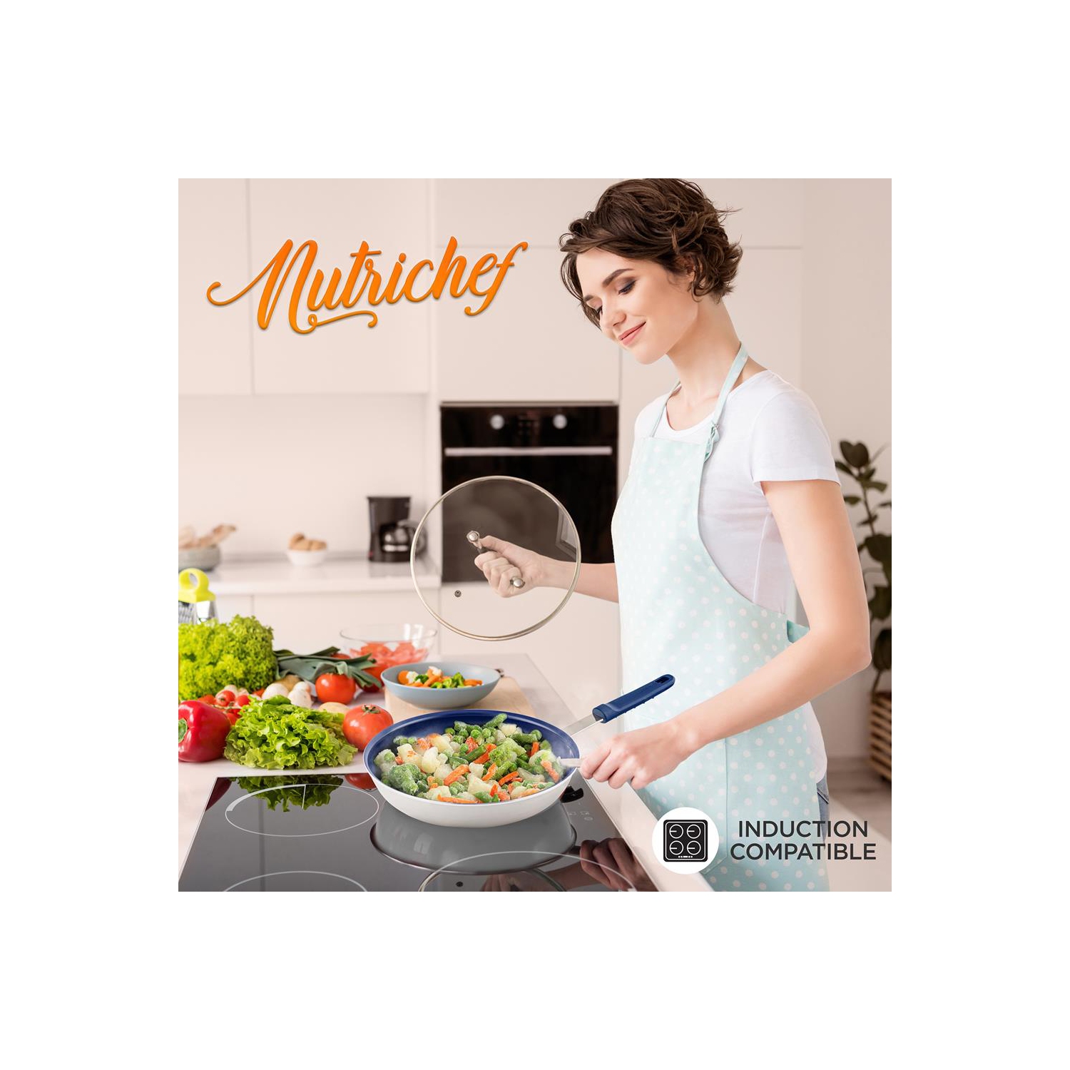 12'' Large Fry Pan - Non-stick Pan with Silicone Handle, Ceramic Coating Inside