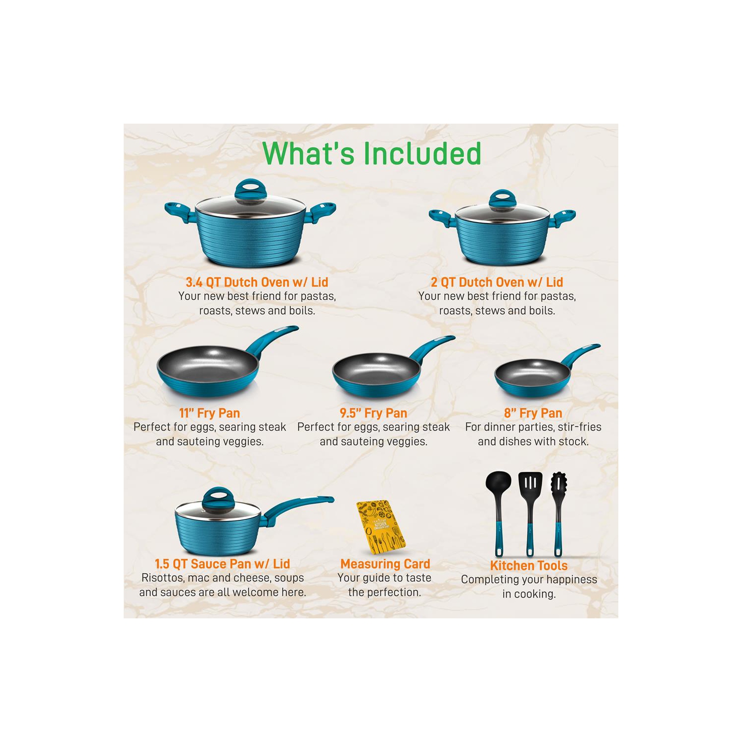 Kitchenware Pots & Pans Set - Stylish Kitchen Cookware, Non-Stick Coating Inside & Outside + Heat resistant Lacquer Outside, Light Gray Inside and