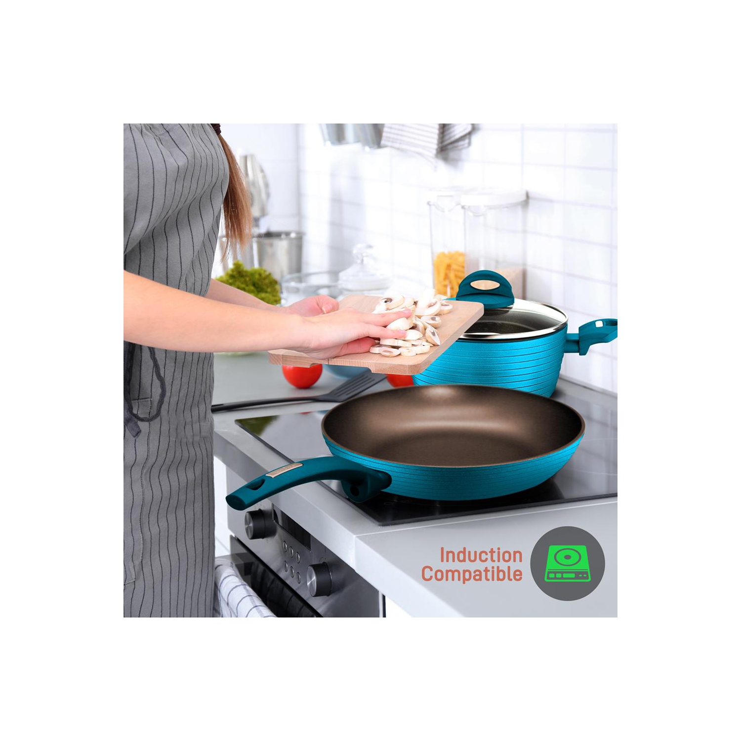 Kitchenware Pots & Pans Set - Stylish Kitchen Cookware, Non-Stick Coating Inside & Outside + Heat resistant Lacquer Outside, Light Gray Inside and