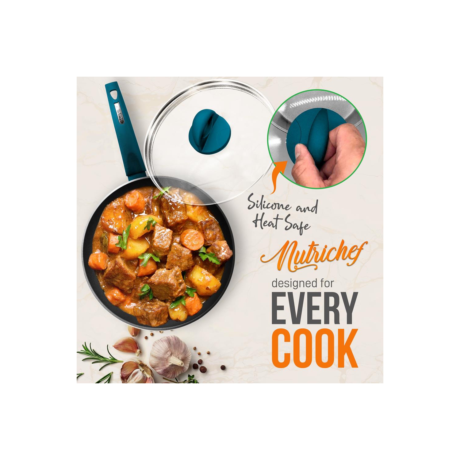 Kitchenware Pots & Pans Set - Stylish Kitchen Cookware, Non-Stick Coating Inside & Outside + Heat resistant Lacquer Outside, Light Gray Inside and