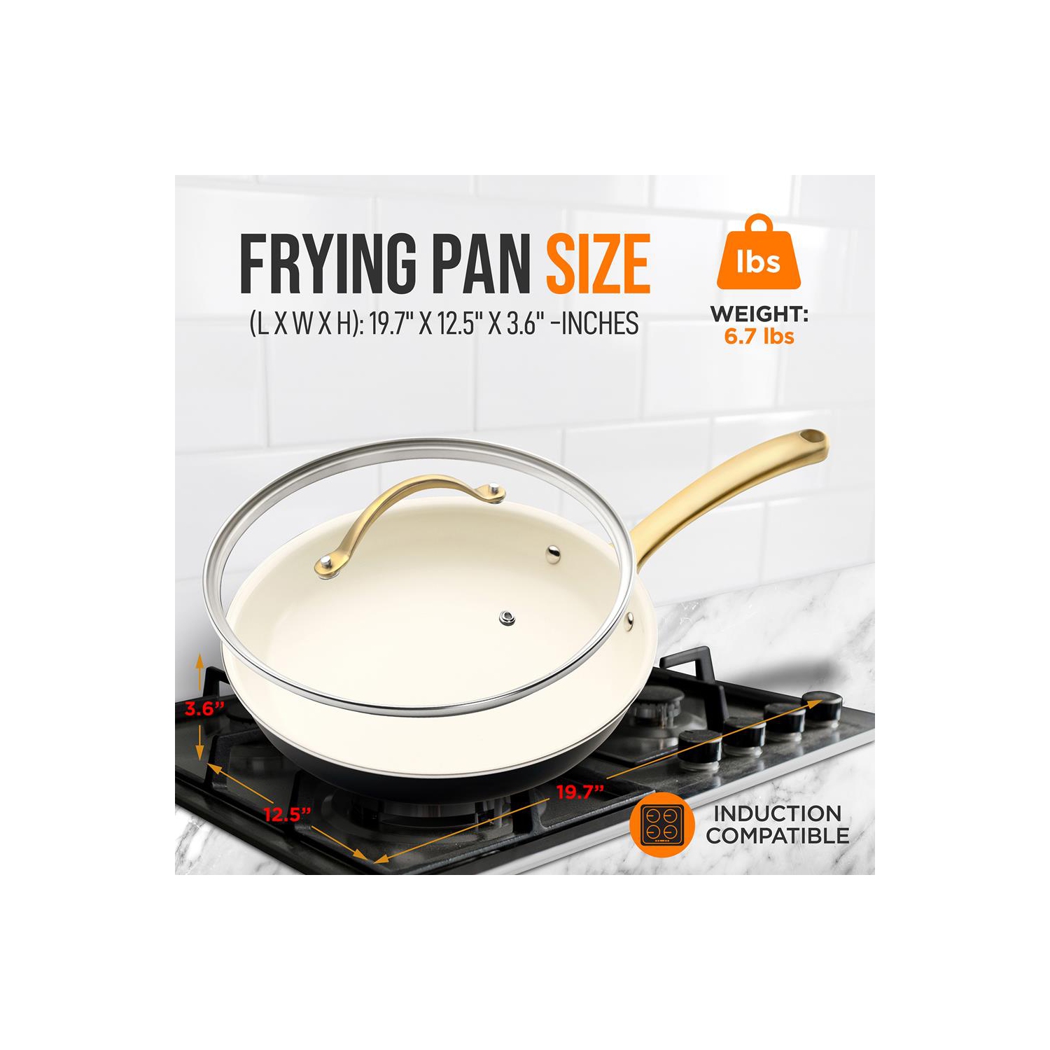 12'' Large Fry Pan with Lid - Non-stick Pan with Silicone Handle, Interior Non-stick Ceramic Coating and Polyester coating Outside