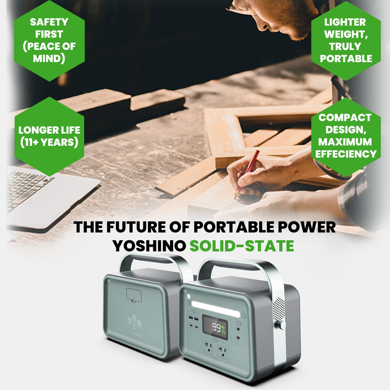 Yoshino B330 SST 8-Port Solid-State Solar Generator 241Wh, 330W with 1-Piece Solar Panel Emergency Power, Pure Sine Wave, Smart App Connect