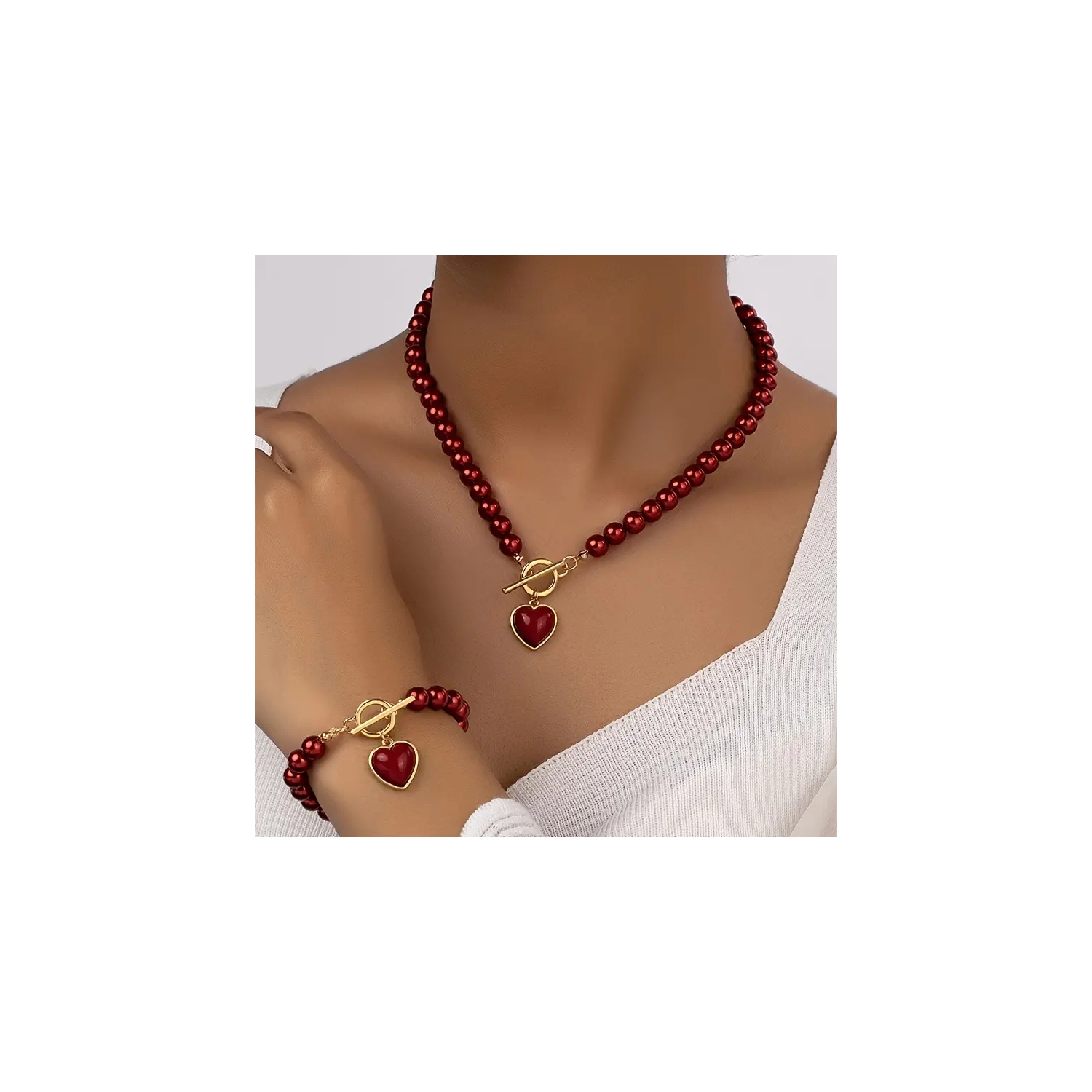 Ensemble collier et bracelet rétro en forme de coeur : Plaqué or 14K ct, boucle OT tendance, quotidien et mode