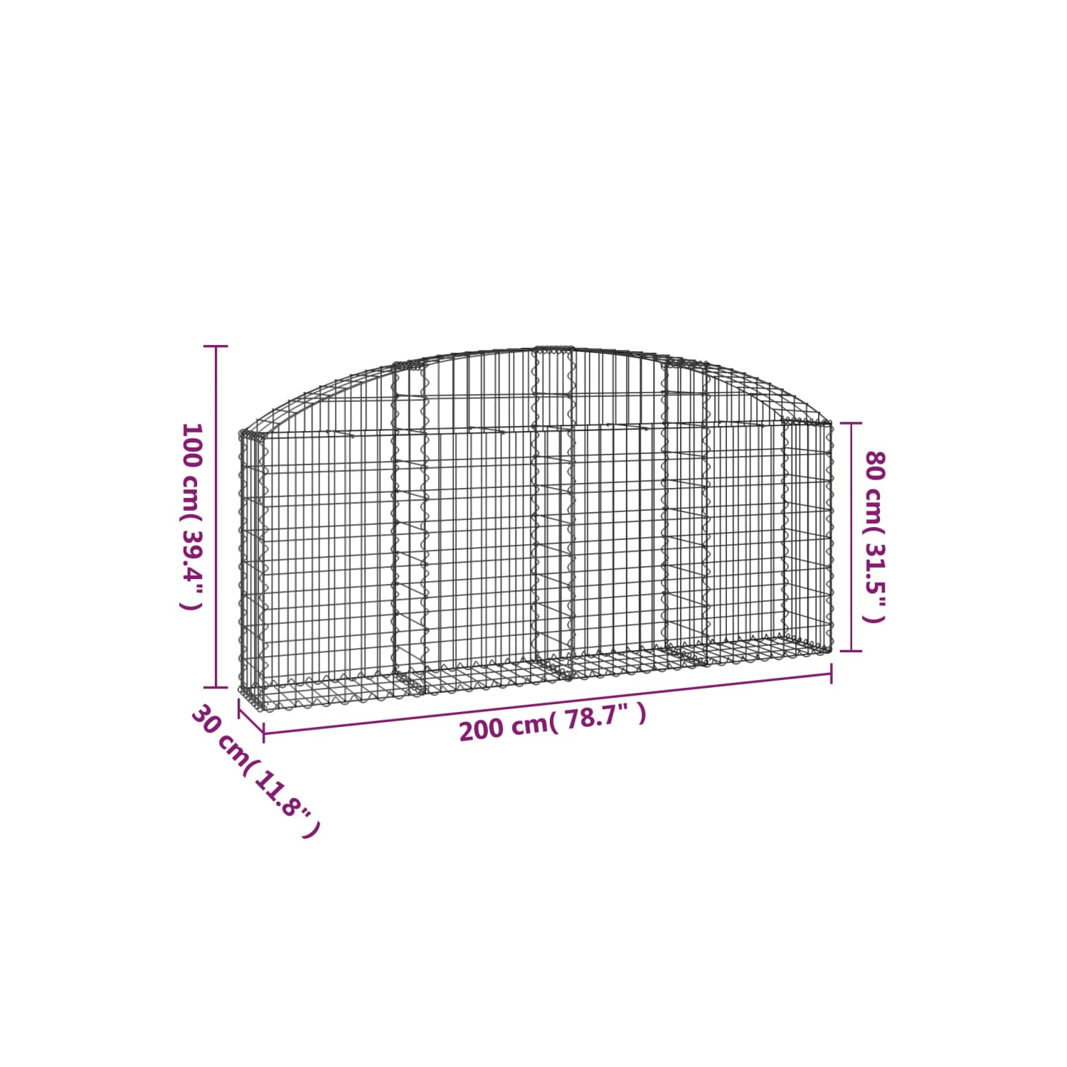 vidaXL Arched Gabion Basket 200x30x80/100 cm Galvanised Iron