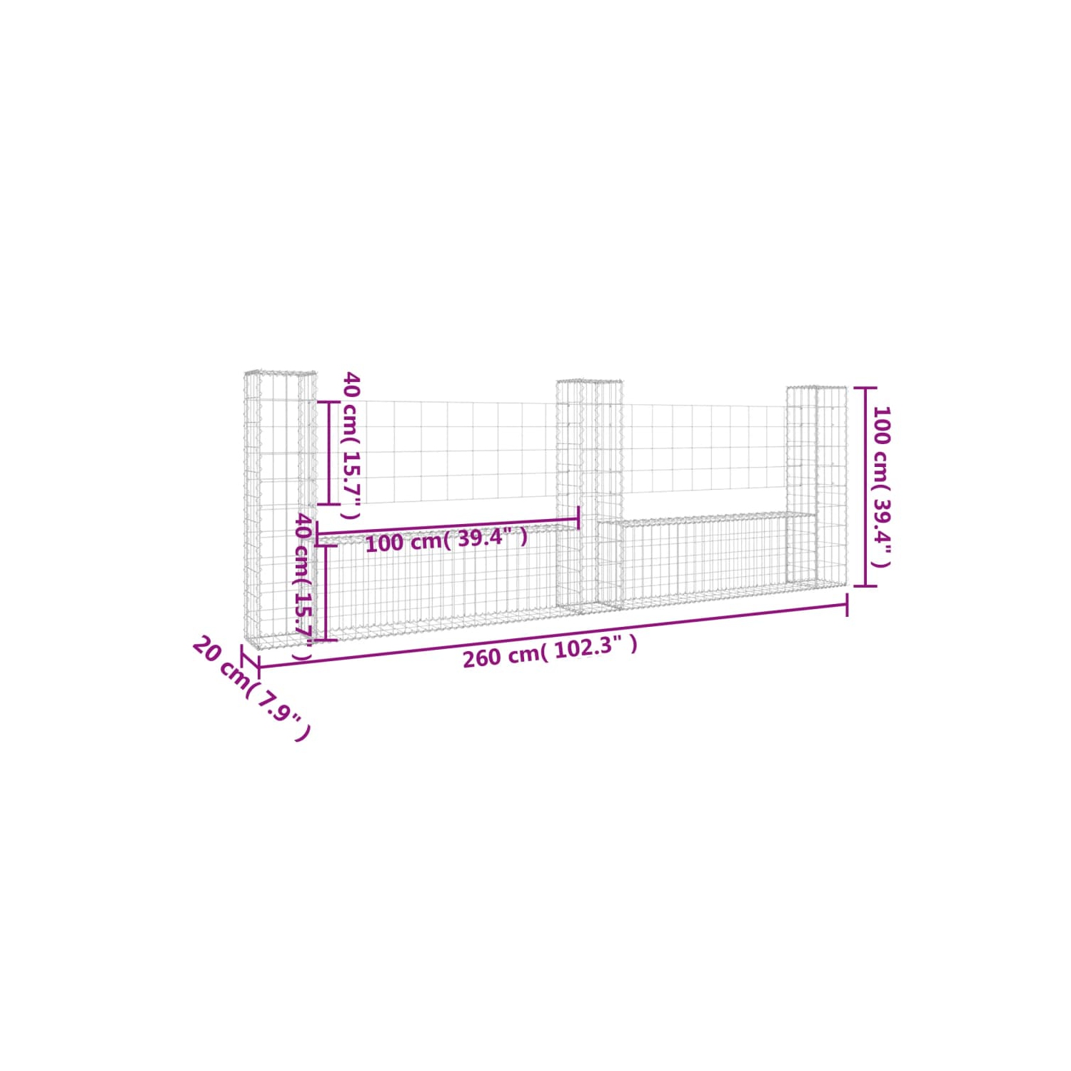 vidaXL U-shape Gabion Basket with 3 Posts Iron 260x20x100 cm