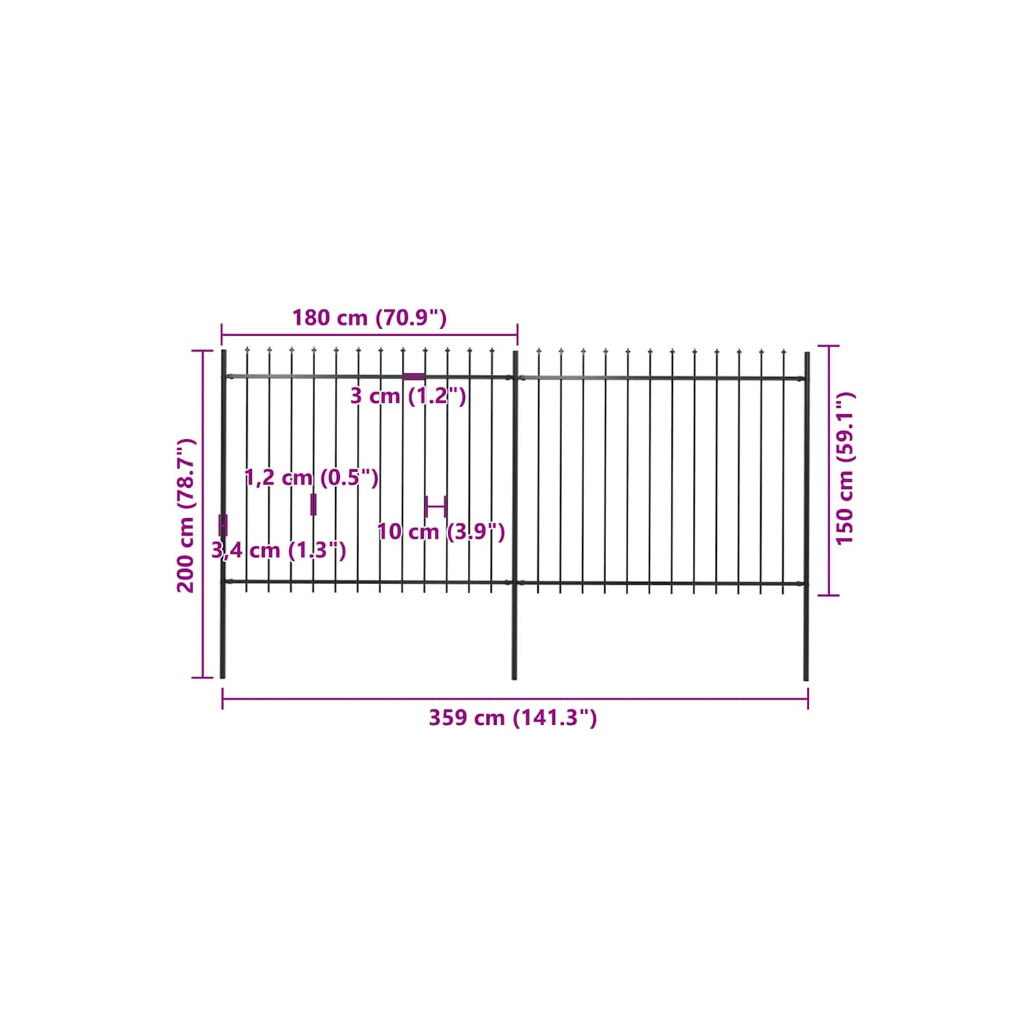 vidaXL Garden Fence with Spear Top Steel 359x150 cm Black