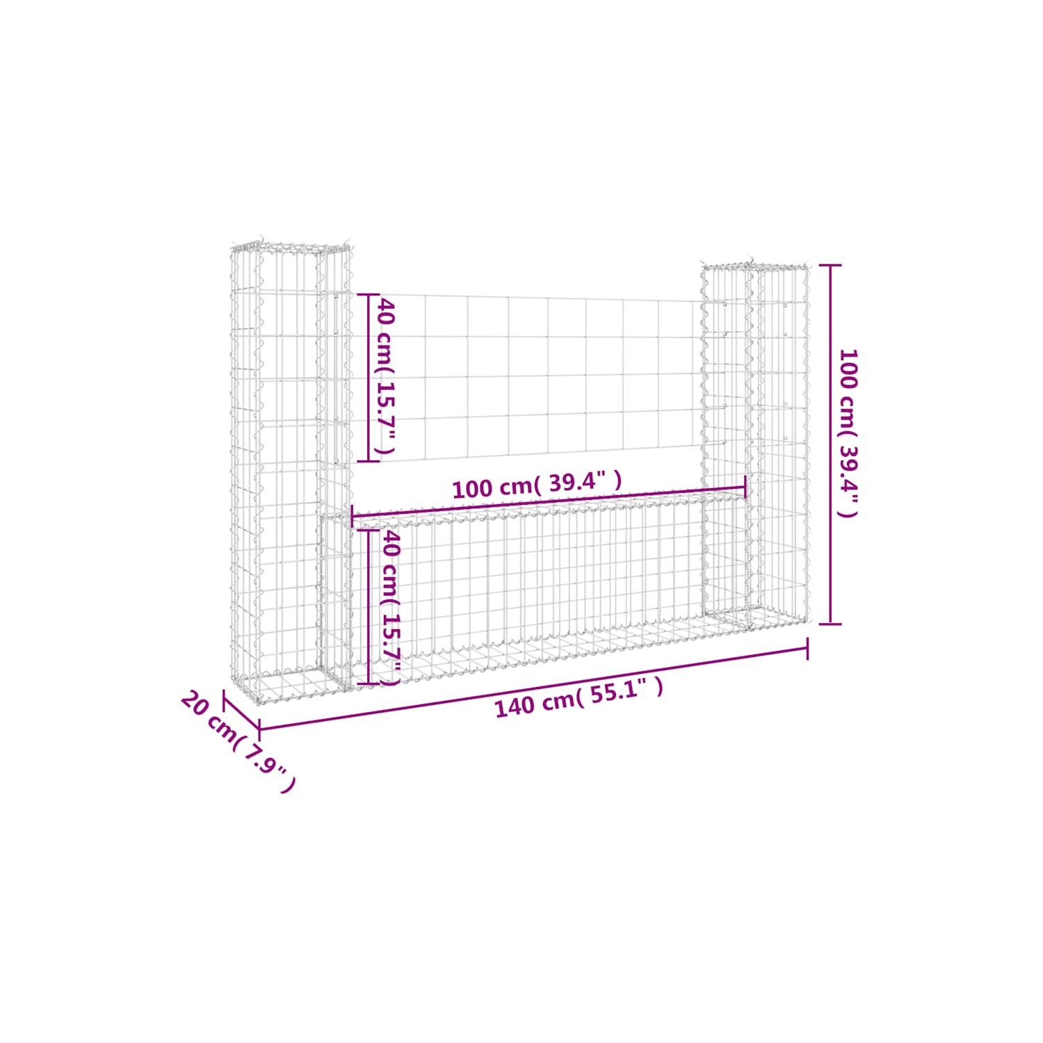 vidaXL U-shape Gabion Basket with 2 Posts Iron 140x20x100 cm