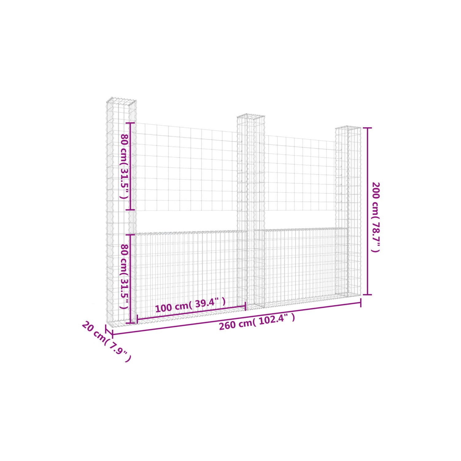 Panier en U style Gabion avec 3 poteaux en fer 260 x 20 x 200&nbsp;cm de vidaXL