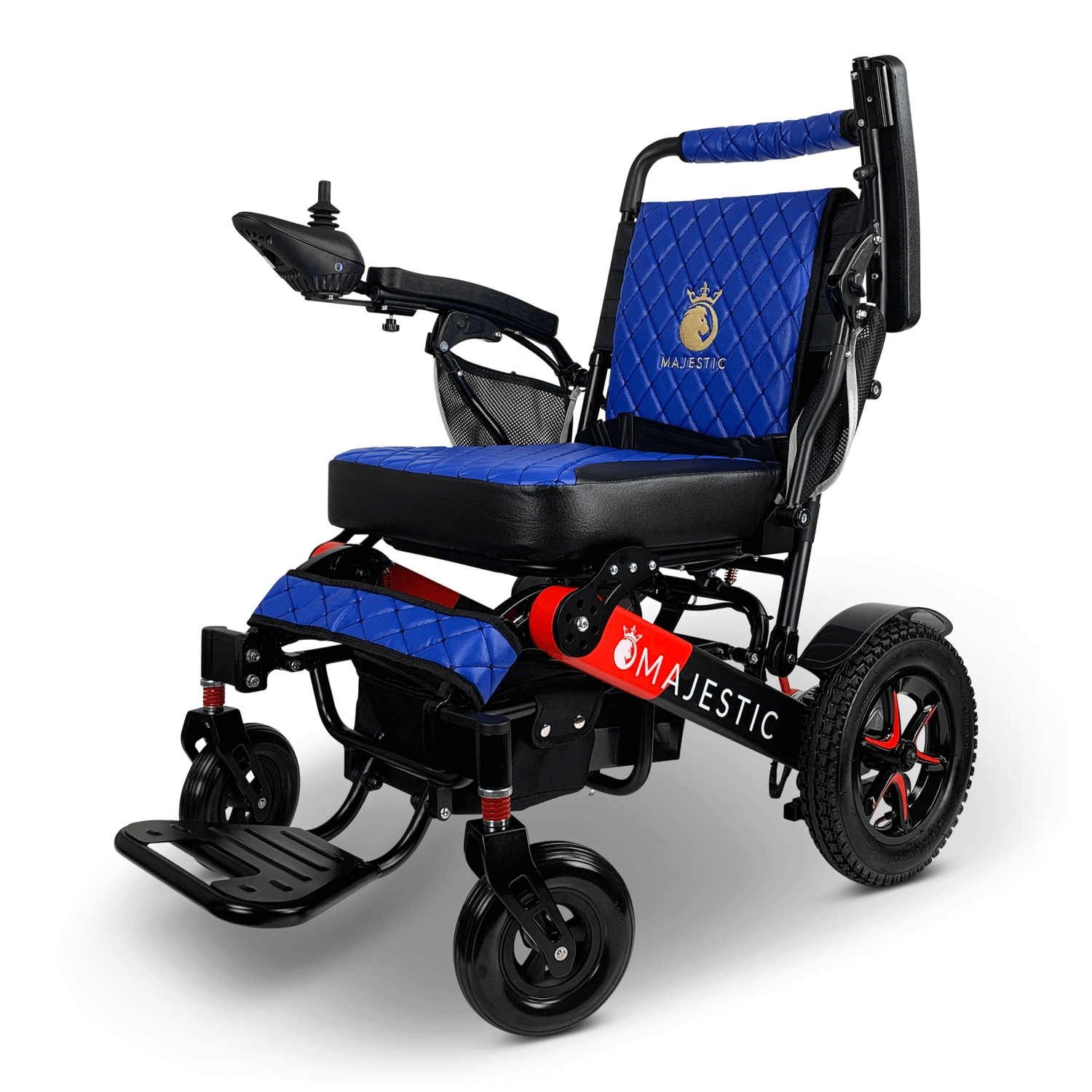 MAJESTIC IQ-7000 AF MAX Luxury Electric Wheelchair | Auto-Folding, Remote Control, Lightweight, Smart Joystick | Up to 27 KM Range, Durable | Red Frame, Blue Textile