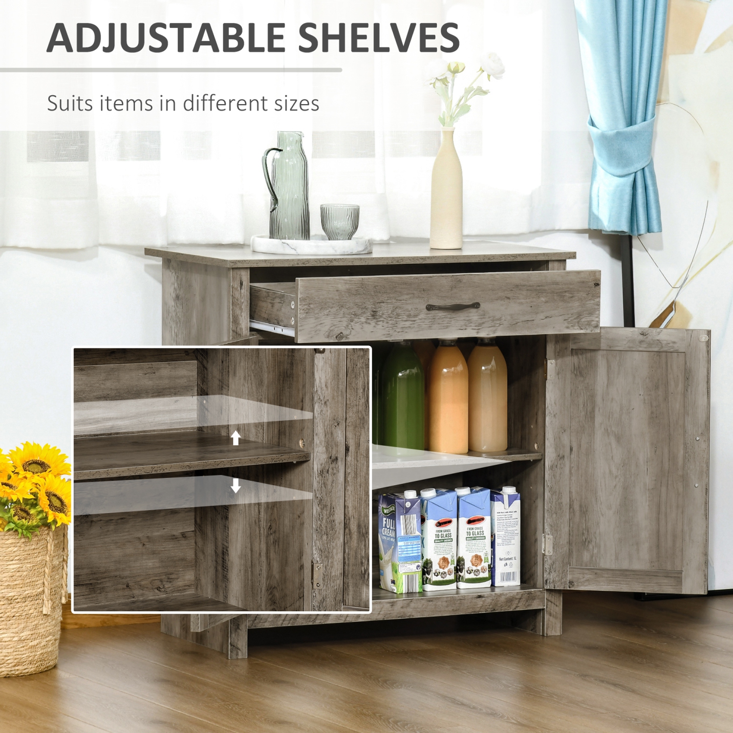 HOMCOM Farmhouse Sideboard Buffet Cabinet with Storage, Accent Cabinet with Barn Doors, Drawer and Adjustable Shelf, Ash Grey