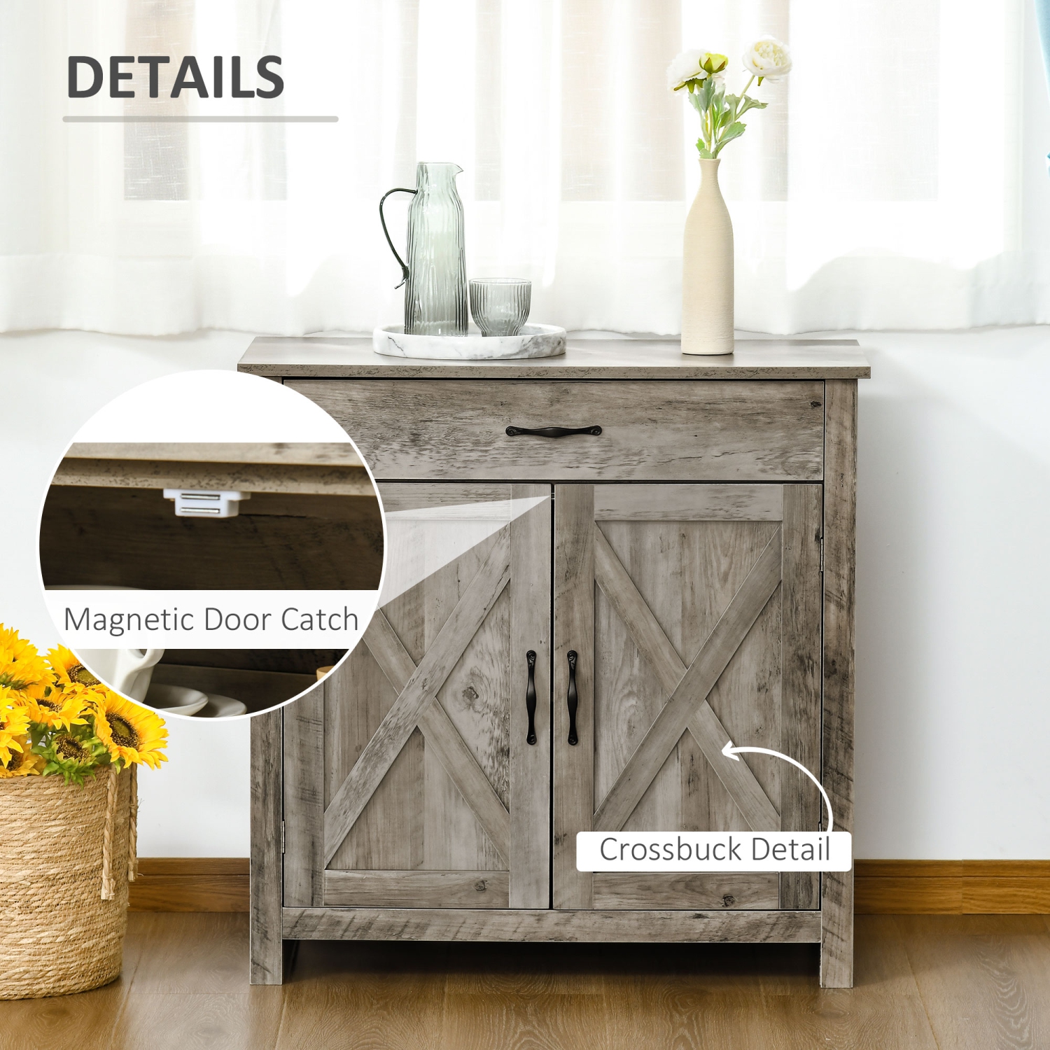 HOMCOM Farmhouse Sideboard Buffet Cabinet with Storage, Accent Cabinet with Barn Doors, Drawer and Adjustable Shelf, Ash Grey