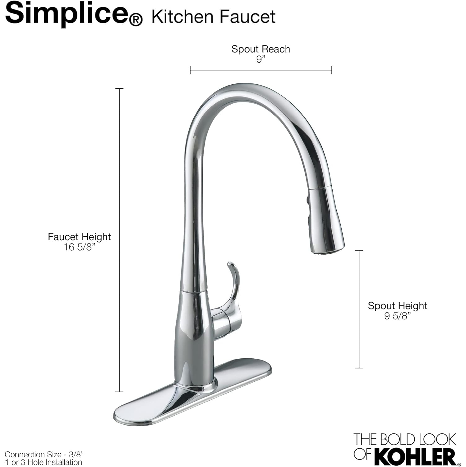 Kohler K-596-vs Simplice High-Arch Single-Hole ou Three-Hole avec tête de pulvérisation à 3 fonctions, technologie Sweep Spray et tête de
