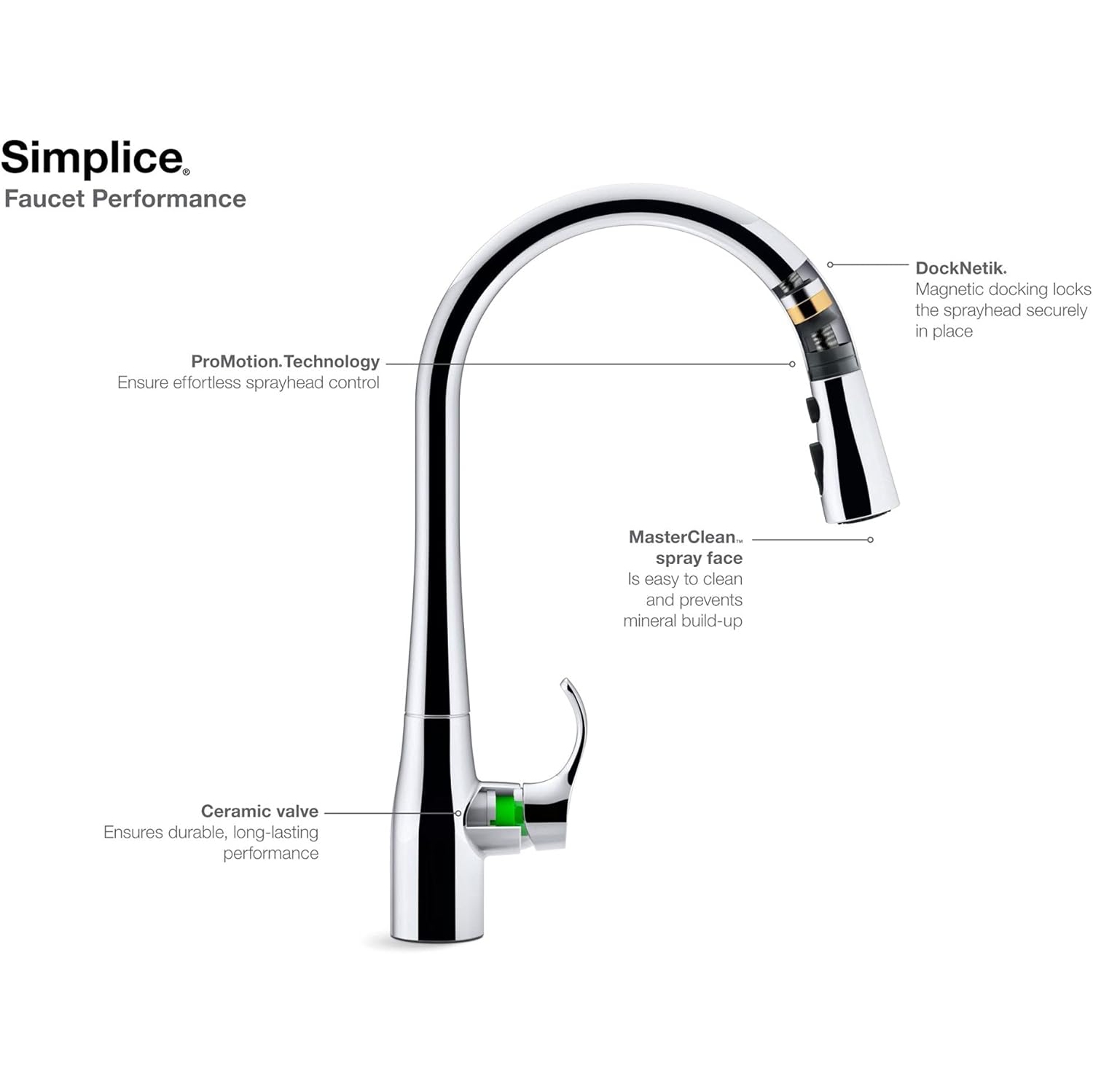 Kohler K-596-vs Simplice High-Arch Single-Hole ou Three-Hole avec tête de pulvérisation à 3 fonctions, technologie Sweep Spray et tête de