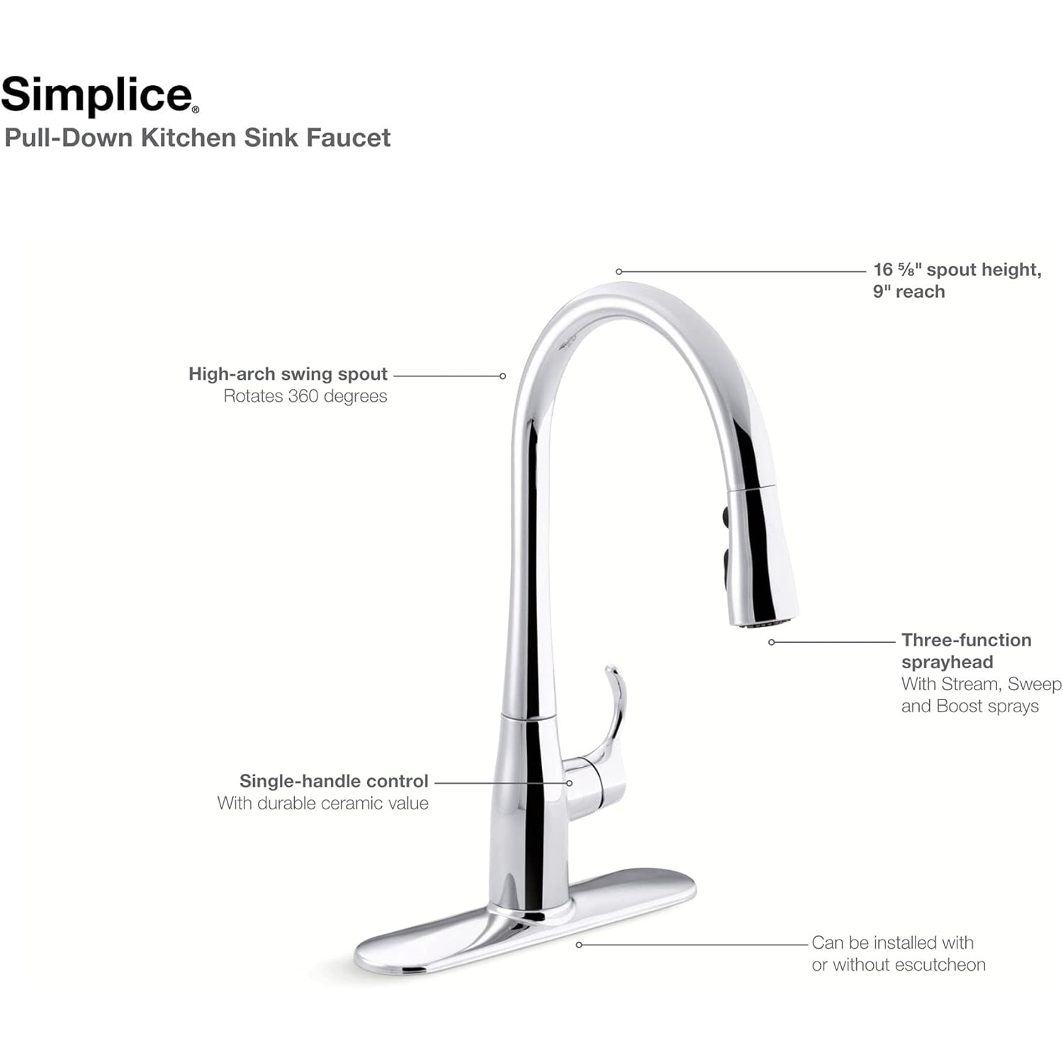 Kohler K-596-vs Simplice High-Arch Single-Hole ou Three-Hole avec tête de pulvérisation à 3 fonctions, technologie Sweep Spray et tête de