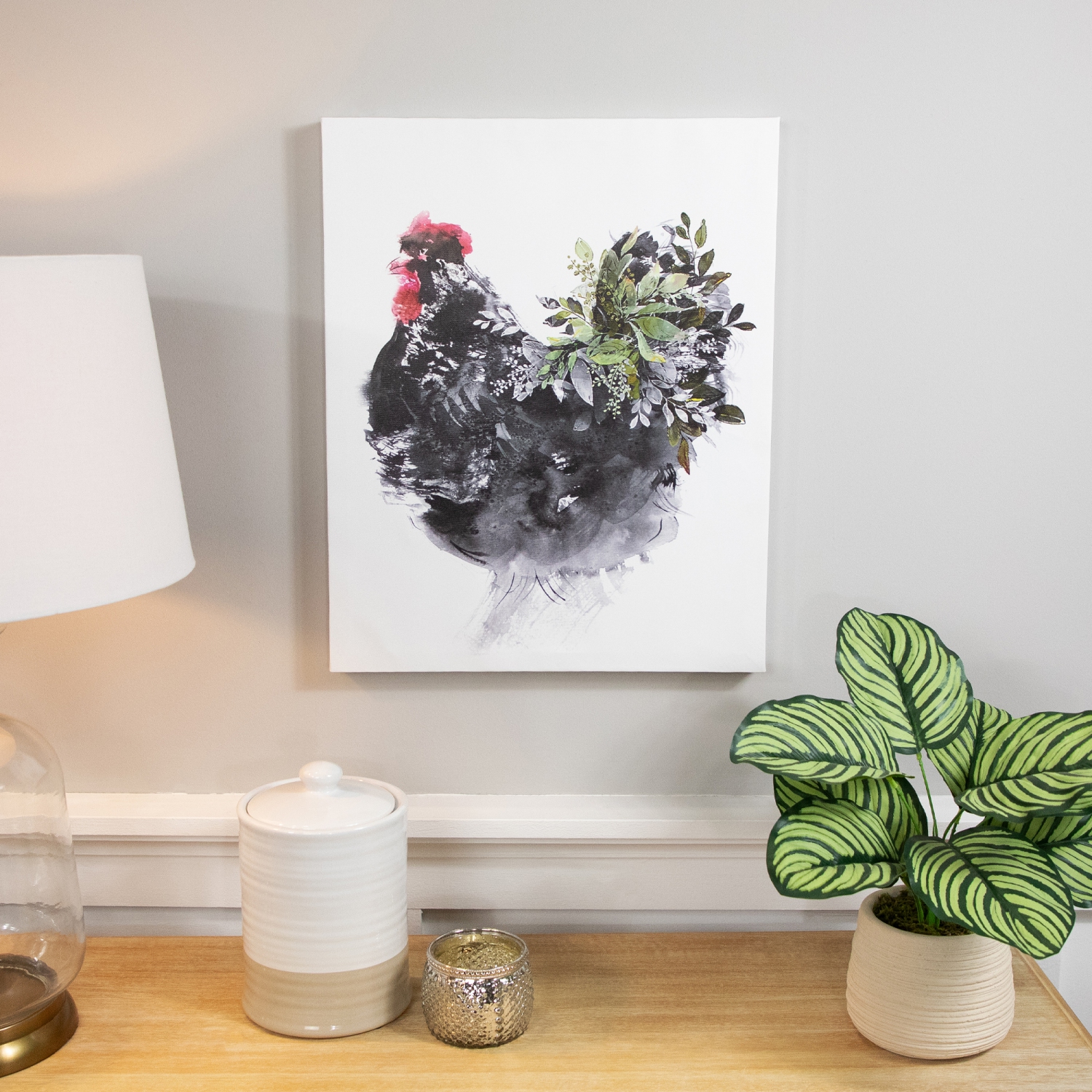 Art mural en toile, coq avec feuillage, 19,5 x 15,75 po