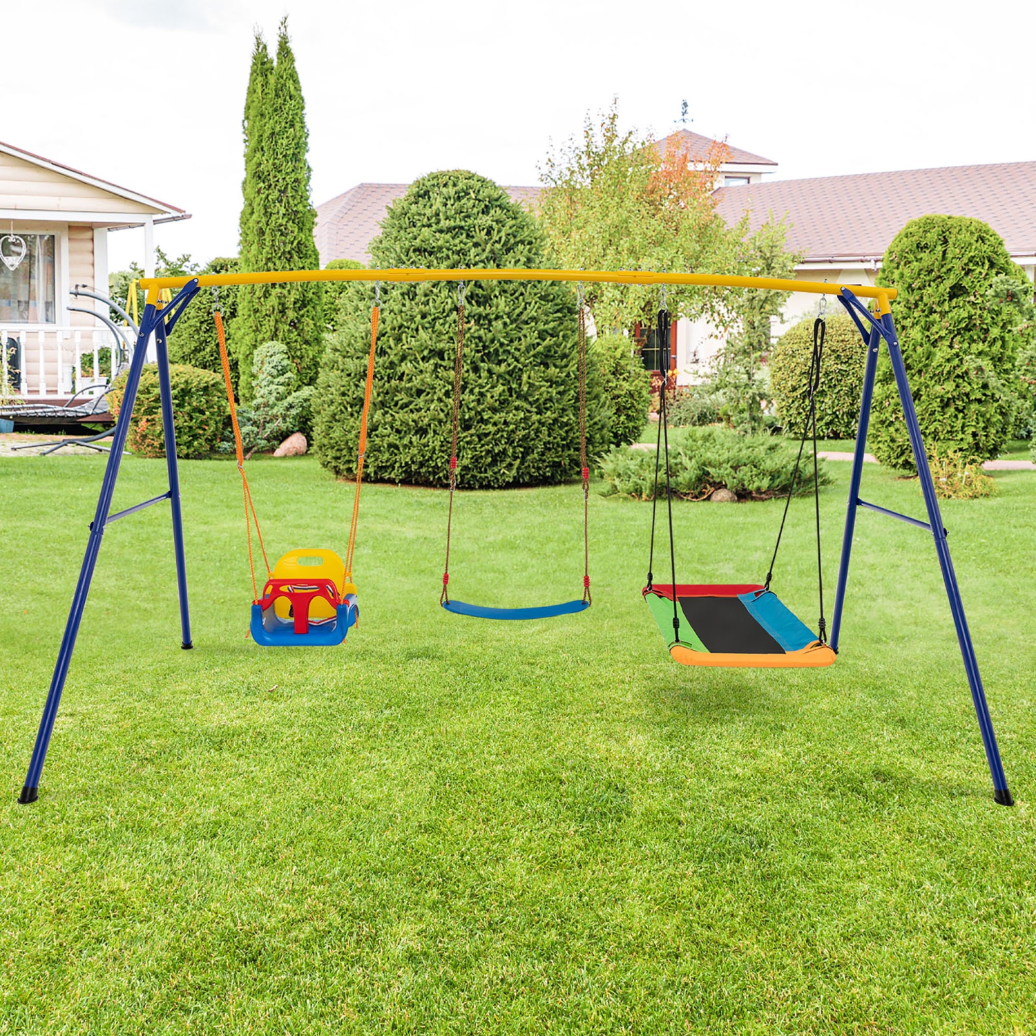 Gymax 3-in-1 Kids Swing Set 660 LBS Carbon Steel Swing Frame w/ Belt Swing for Toddlers
