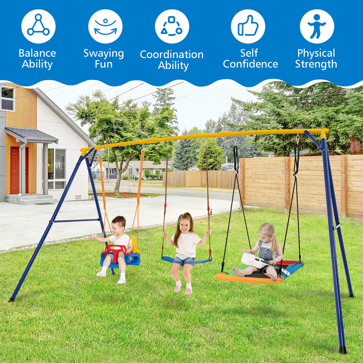 Gymax 3-in-1 Kids Swing Set 660 LBS Carbon Steel Swing Frame w/ Belt Swing for Toddlers