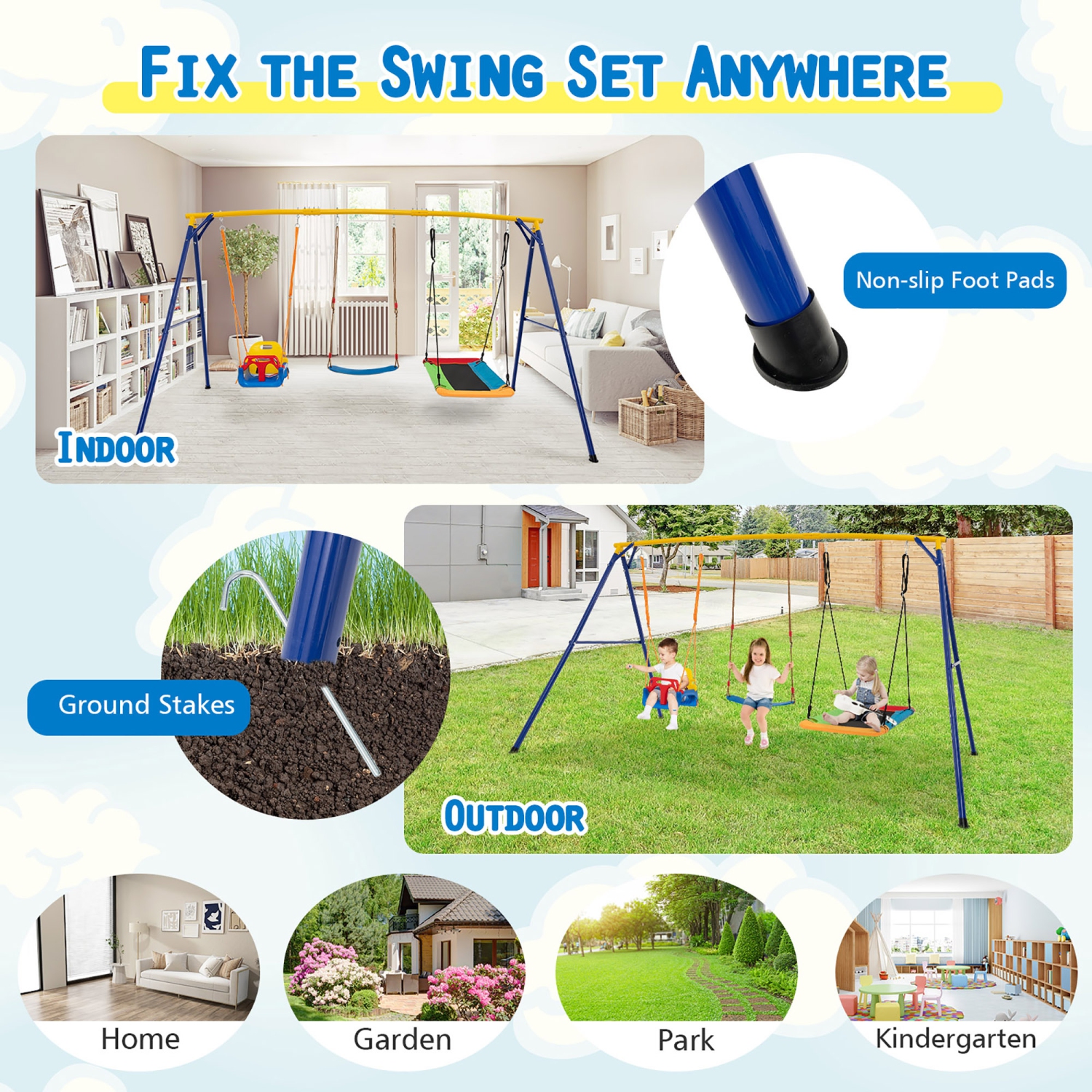 Gymax 3-in-1 Kids Swing Set 660 LBS Carbon Steel Swing Frame w/ Belt Swing for Toddlers