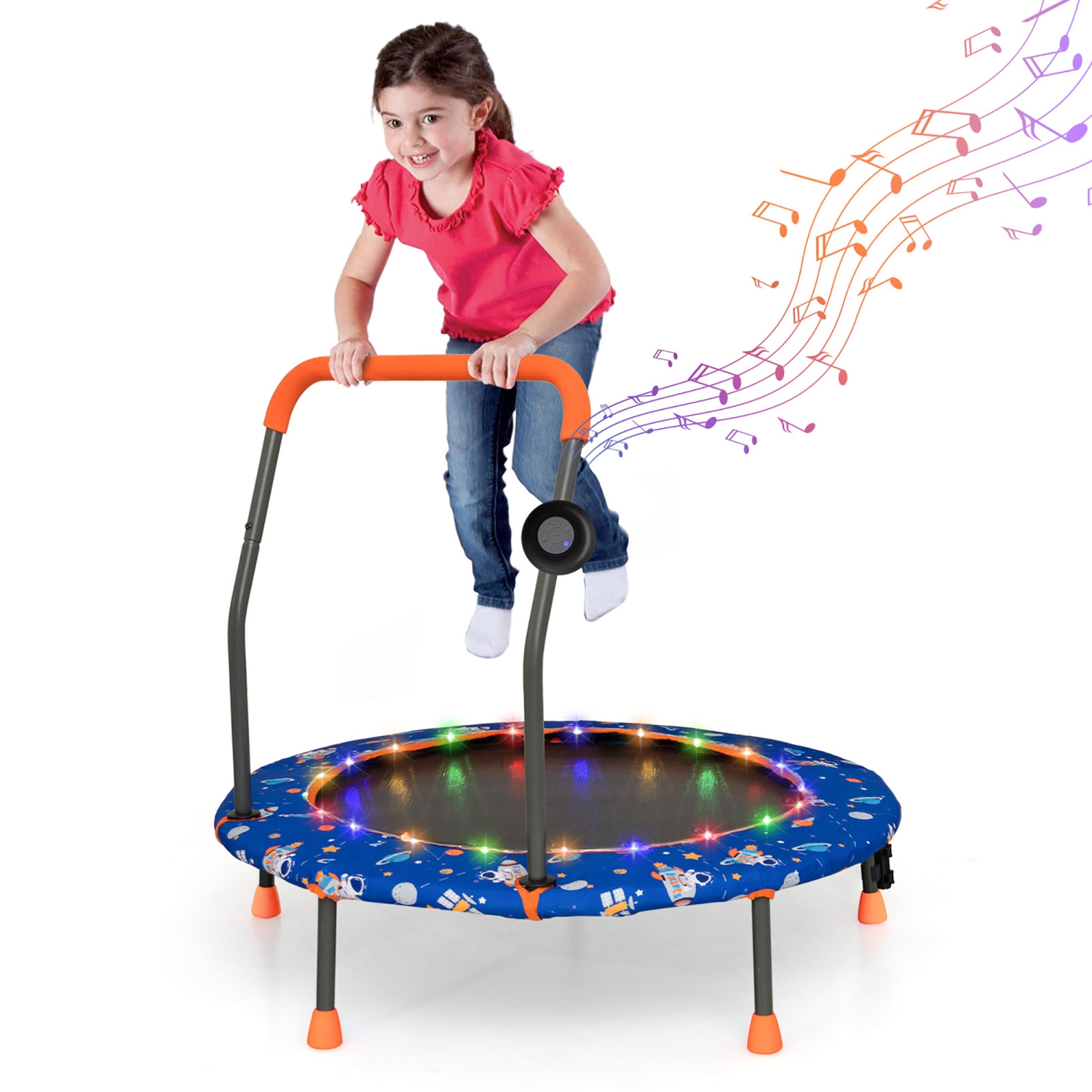 Gymax 36'' Mini Toddler Trampoline w/ LED Bluetooth Speaker Detachable Handle Kids Gifts Blue
