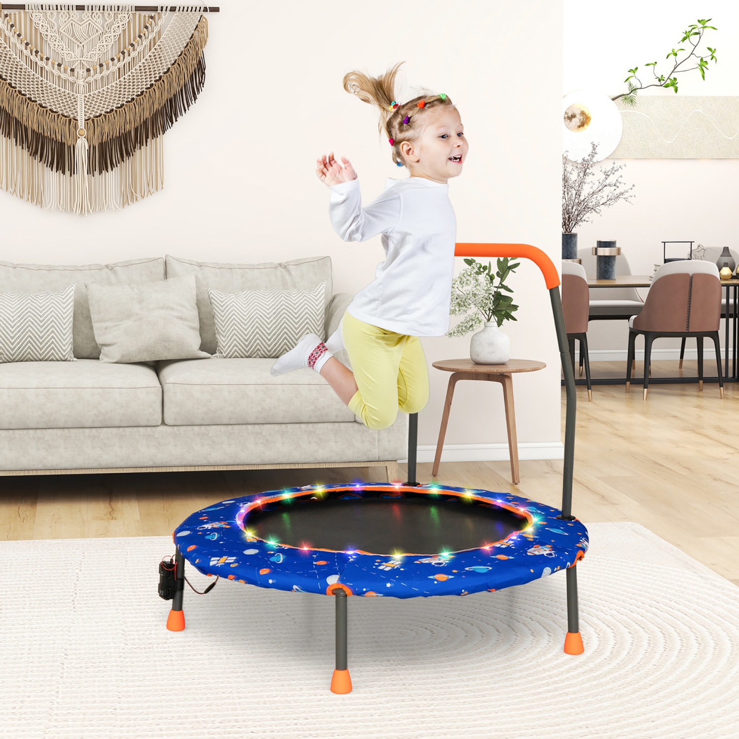 Gymax 36'' Mini Toddler Trampoline w/ LED Bluetooth Speaker Detachable Handle Kids Gifts Blue