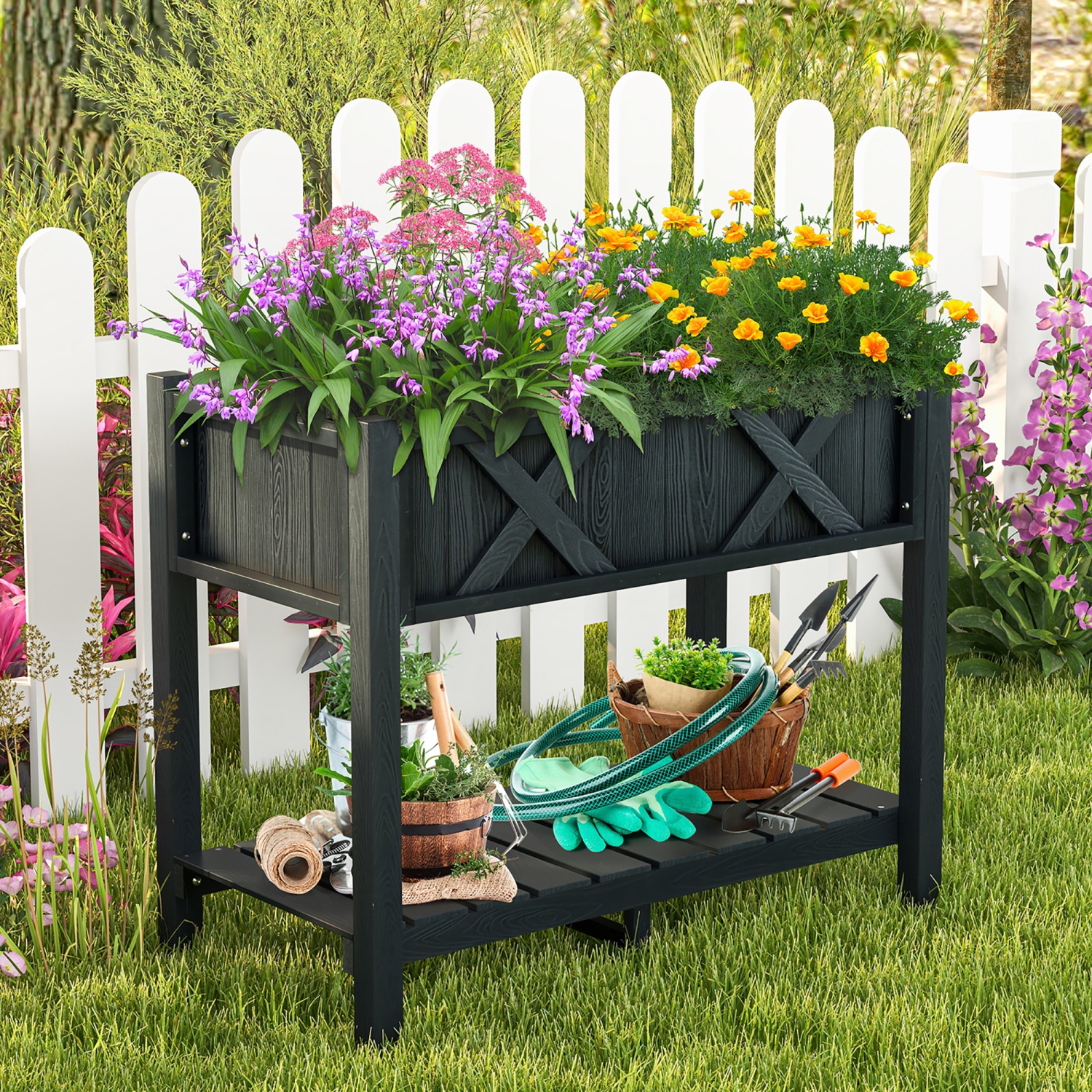 Gymax HIPS Raised Garden Bed Poly Wood Elevated Planter Box w/ Legs & Storage Shelf