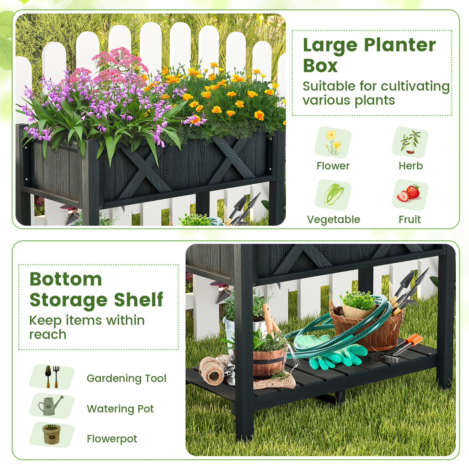 Gymax HIPS Raised Garden Bed Poly Wood Elevated Planter Box w/ Legs & Storage Shelf