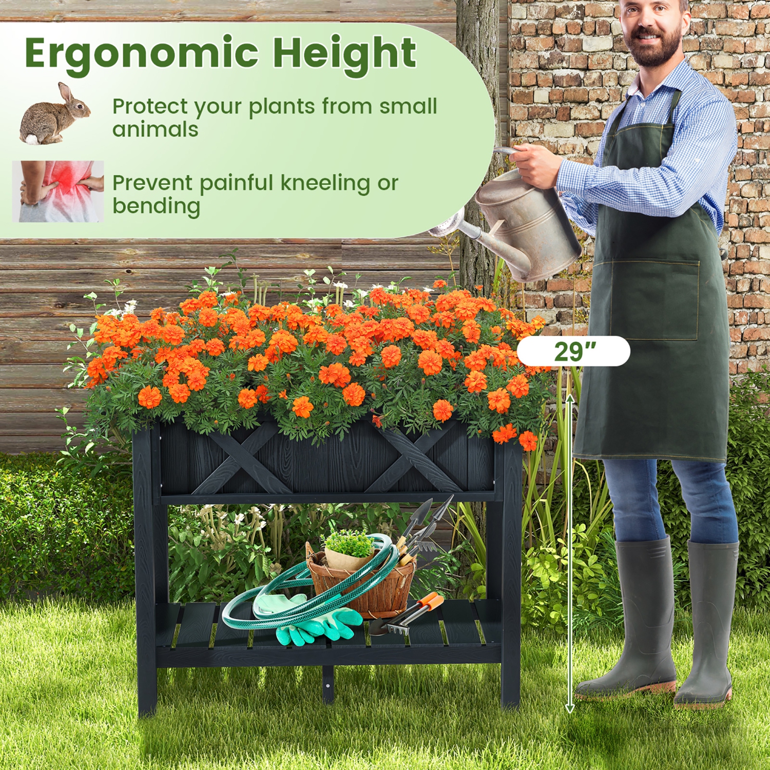 Gymax HIPS Raised Garden Bed Poly Wood Elevated Planter Box w/ Legs & Storage Shelf