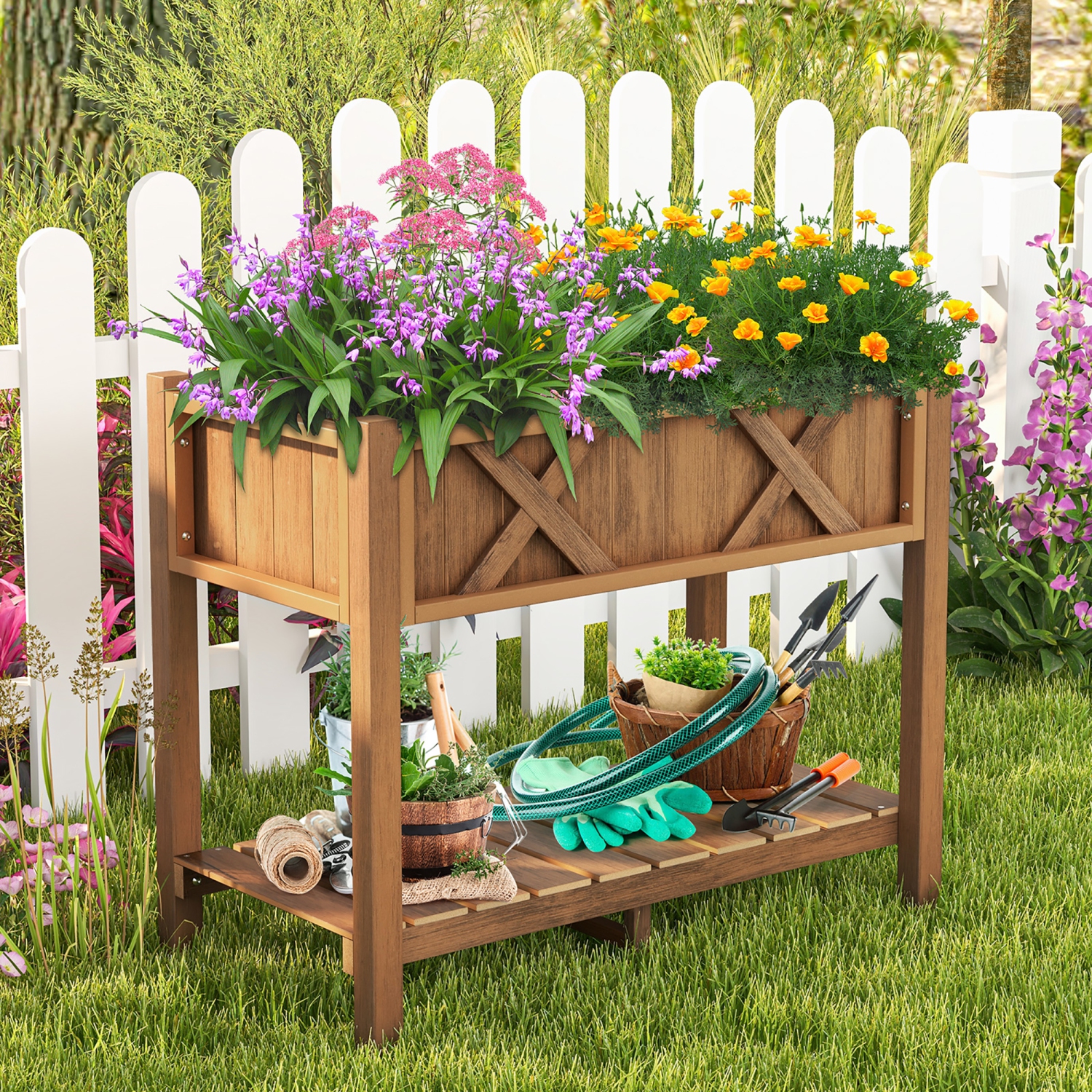 Gymax HIPS Raised Garden Bed Poly Wood Elevated Planter Box w/ Legs & Storage Shelf