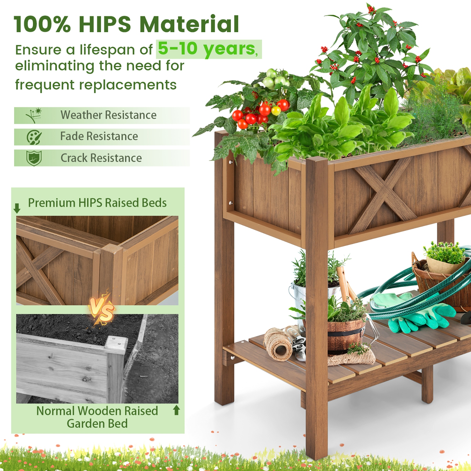 Gymax HIPS Raised Garden Bed Poly Wood Elevated Planter Box w/ Legs & Storage Shelf
