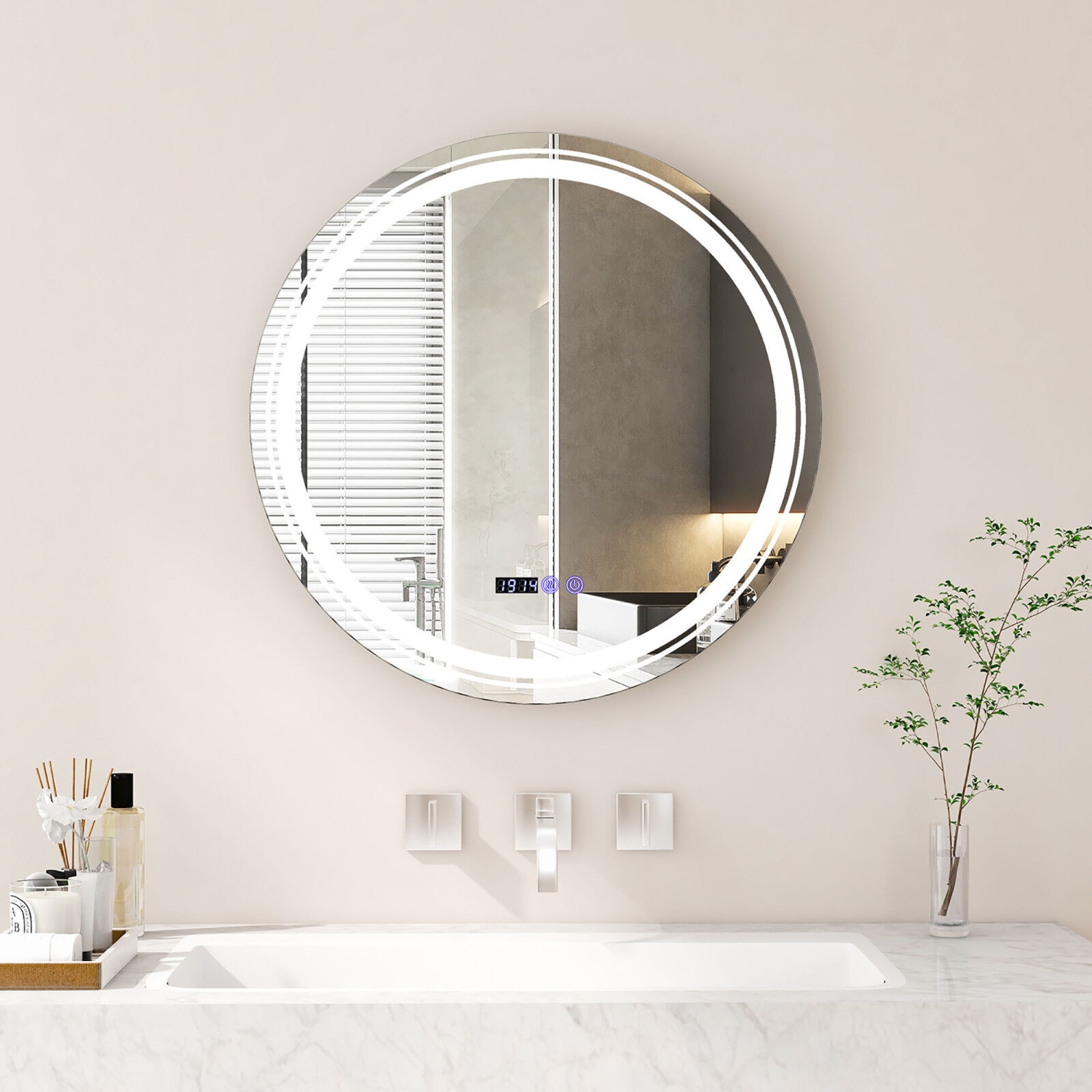 Gymax Round Led Bathroom Mirror w/ 3 Color LED Lights Time & Temperature Display