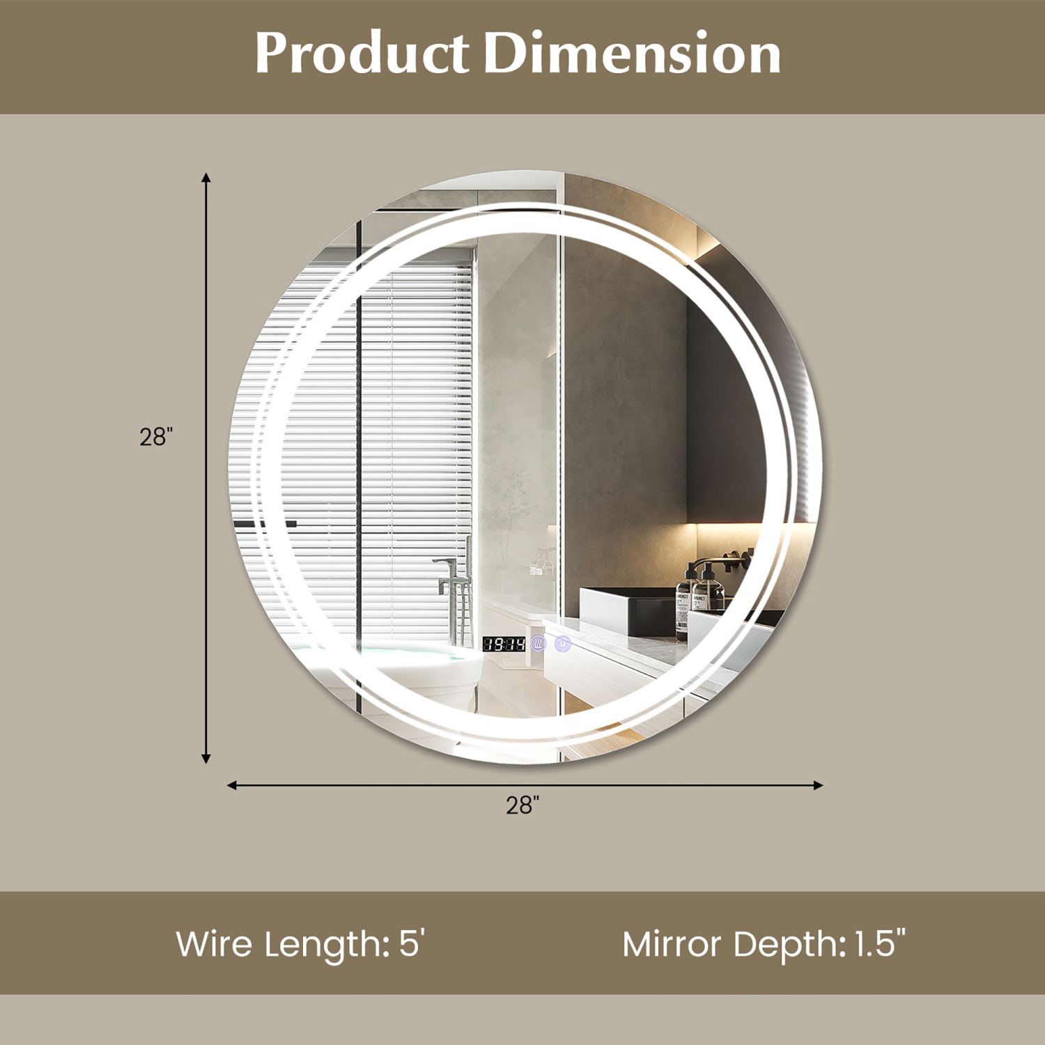 Gymax Round Led Bathroom Mirror w/ 3 Color LED Lights Time & Temperature Display